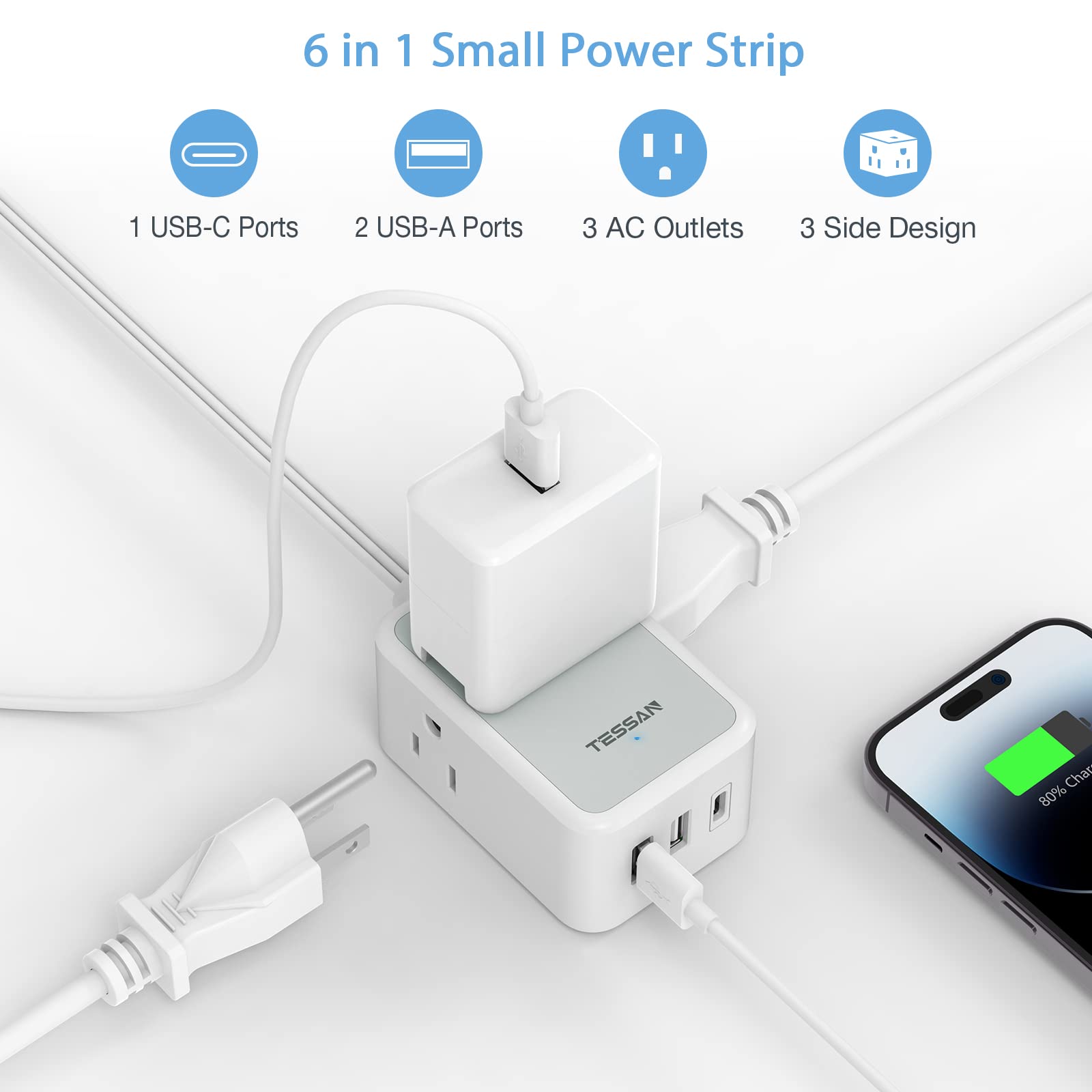 TESSAN Small Flat Plug Power Strip, Ultra Thin Extension Cord 5 ft, 3 AC Outlets with 3 USB Ports (1 USB C), Multiple Wall Outlet Extender for Cruise Travel Office School Dorm Room Essentials, Black