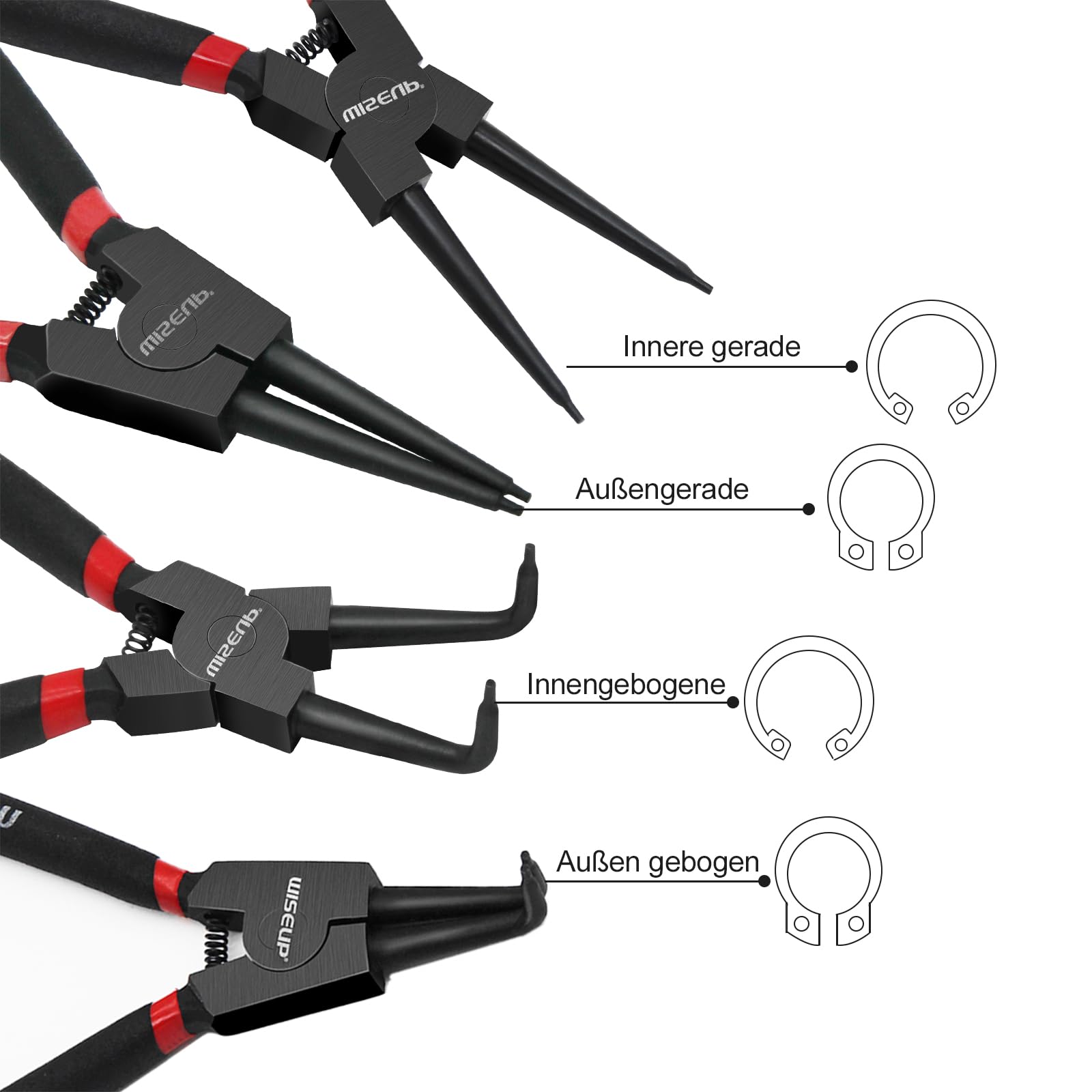 WISEUP Snap Ring Pliers Set, Heavy Duty 4PCS-7 inch Internal/External Circlip Pliers Kit, Straight/Bent Jaw Tips for C-Clip Ring Remover