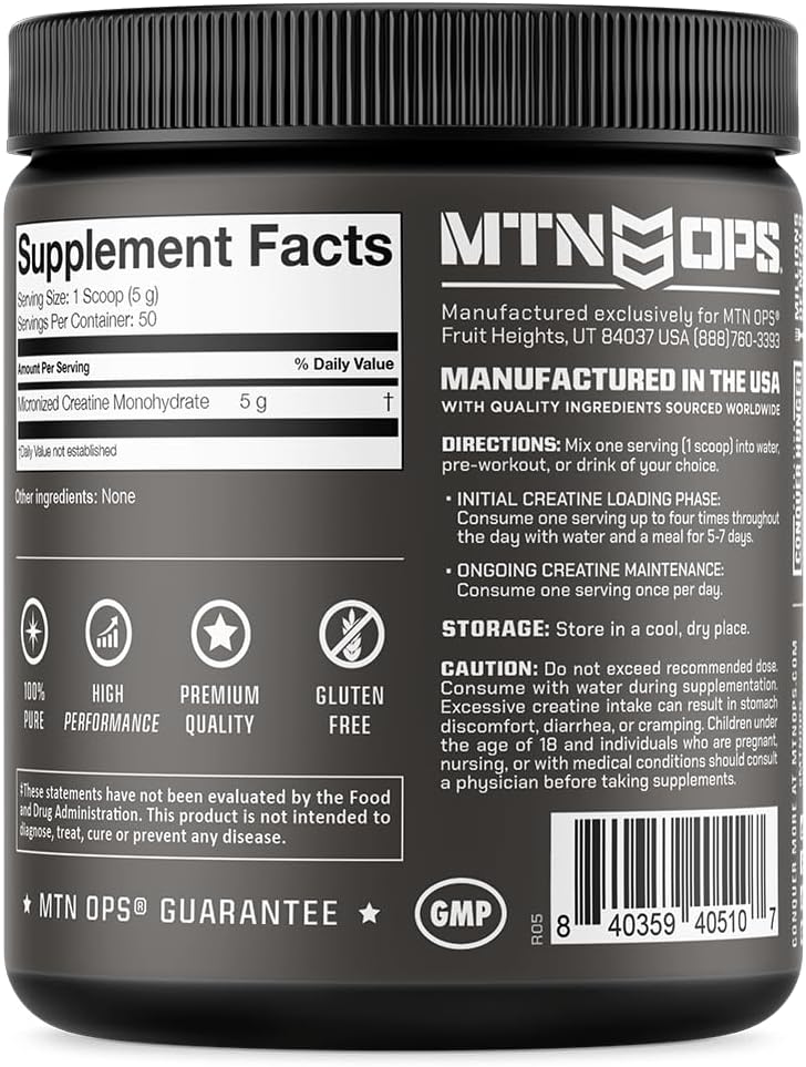MTN OPS Micronized Creatine Monohydrate Powder – Unflavored 5 g per Serving, 50 Servings – Pure Creatine for Muscle Recovery & Strength Training