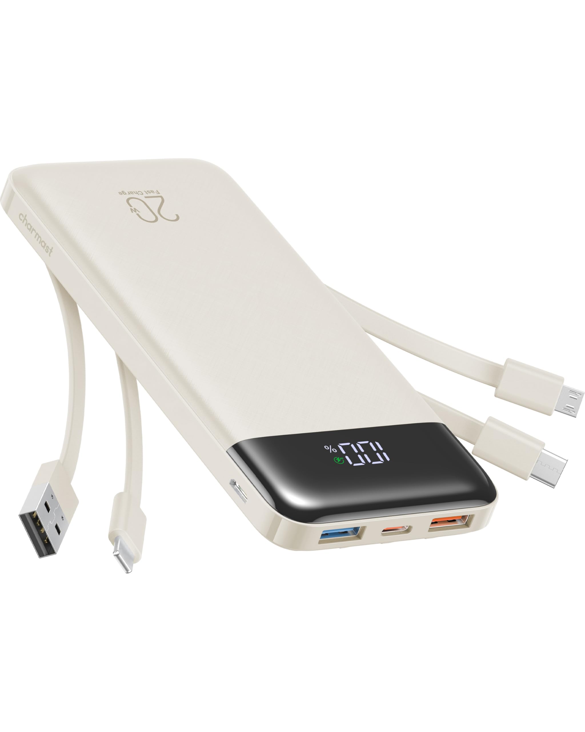 charmast 20000mAh Portable Charger with Built in Cables, 22.5W Travel Power Bank Fast Charging, USB C Cell Phone Battery Pack for iPhone 17/16/15/14/13/12 Series, iPad, Samsung, Android, Tablet