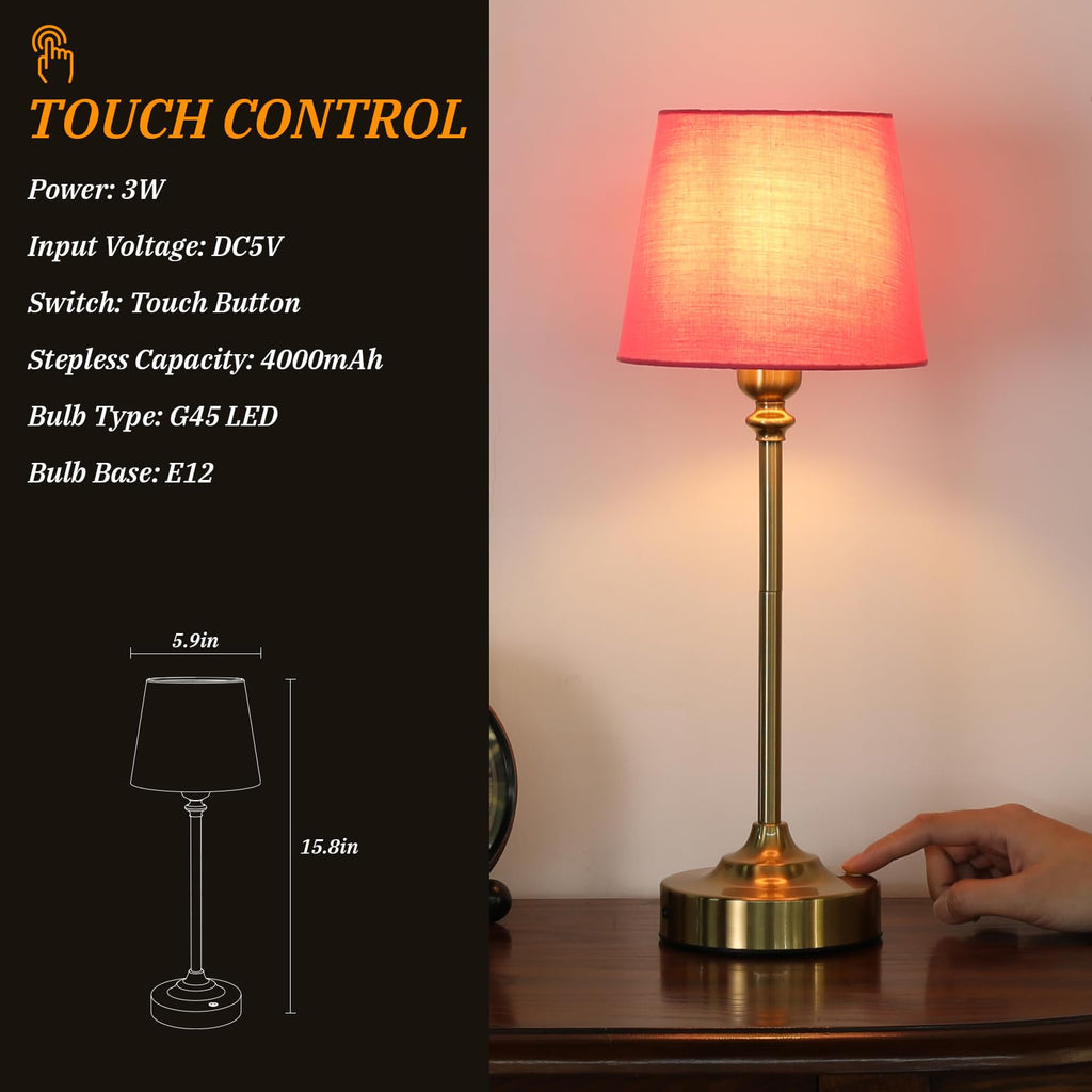 Touch Control Cordlss Table Lamp, USB-C Rechargeable Lamp with Stepless Dimming, 4000mAh Battery Operated Bedside Lamp for Bedroom, Living Room, Night Light & Emergency Lighting, Black, 1 Pack