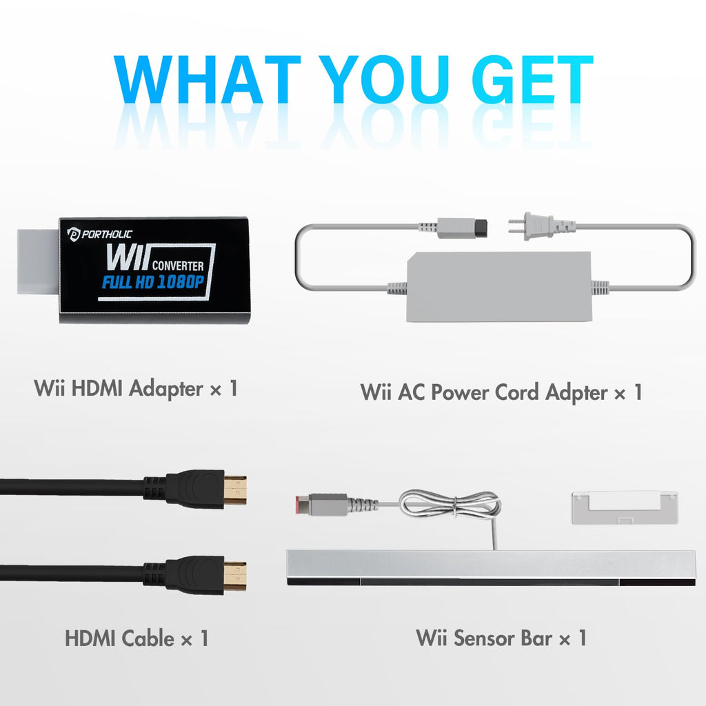 PORTHOLIC 4 in 1 Wii Replacement Cables Set, Wii AC Power Adapter + Wii to hdmi Converter+ Wired Motion Sensor Bar and Composite Audio Video Cable for Nintendo Wii