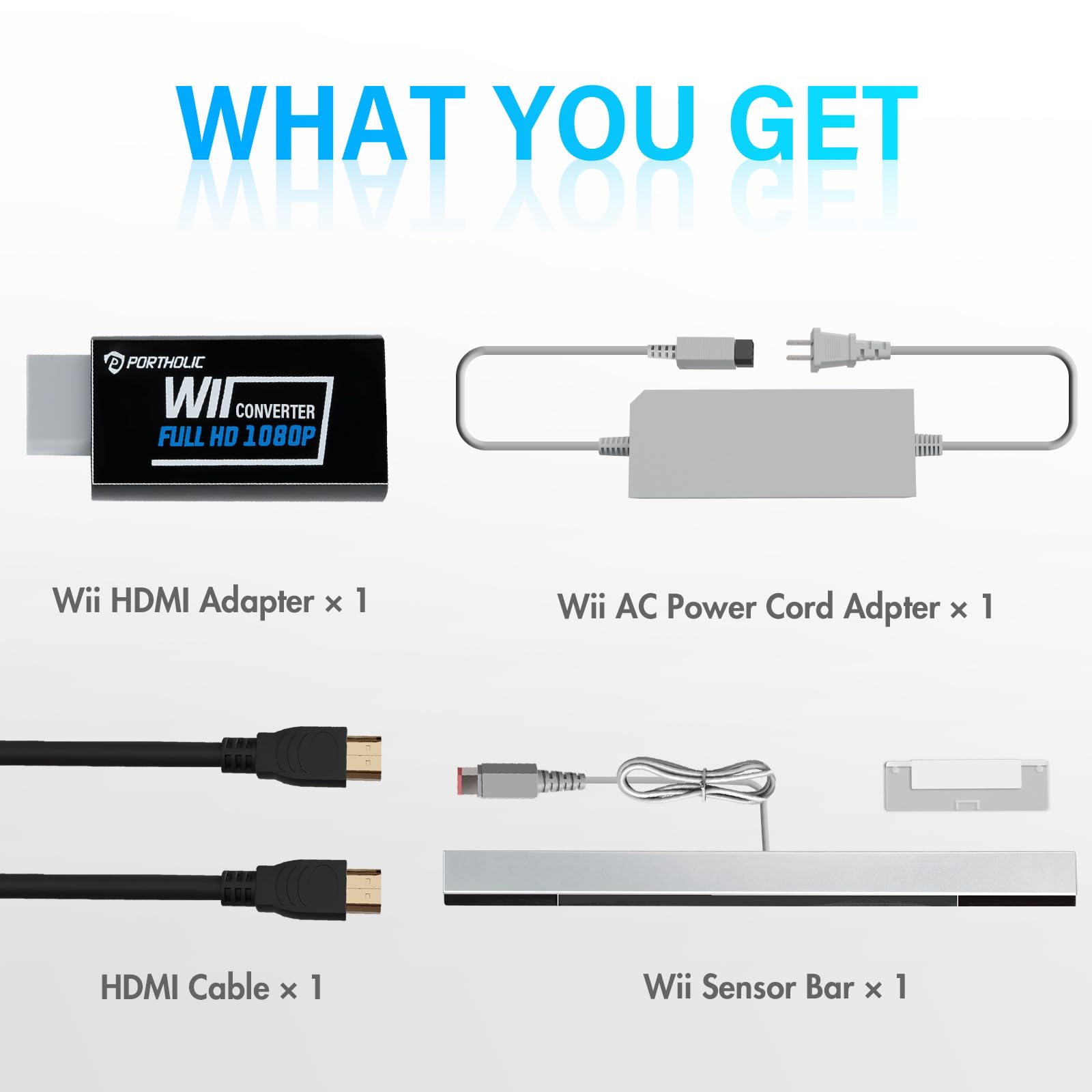 PORTHOLIC 4 in 1 Wii Replacement Cables Set, Wii AC Power Adapter + Wii to hdmi Converter+ Wired Motion Sensor Bar and Composite Audio Video Cable for Nintendo Wii