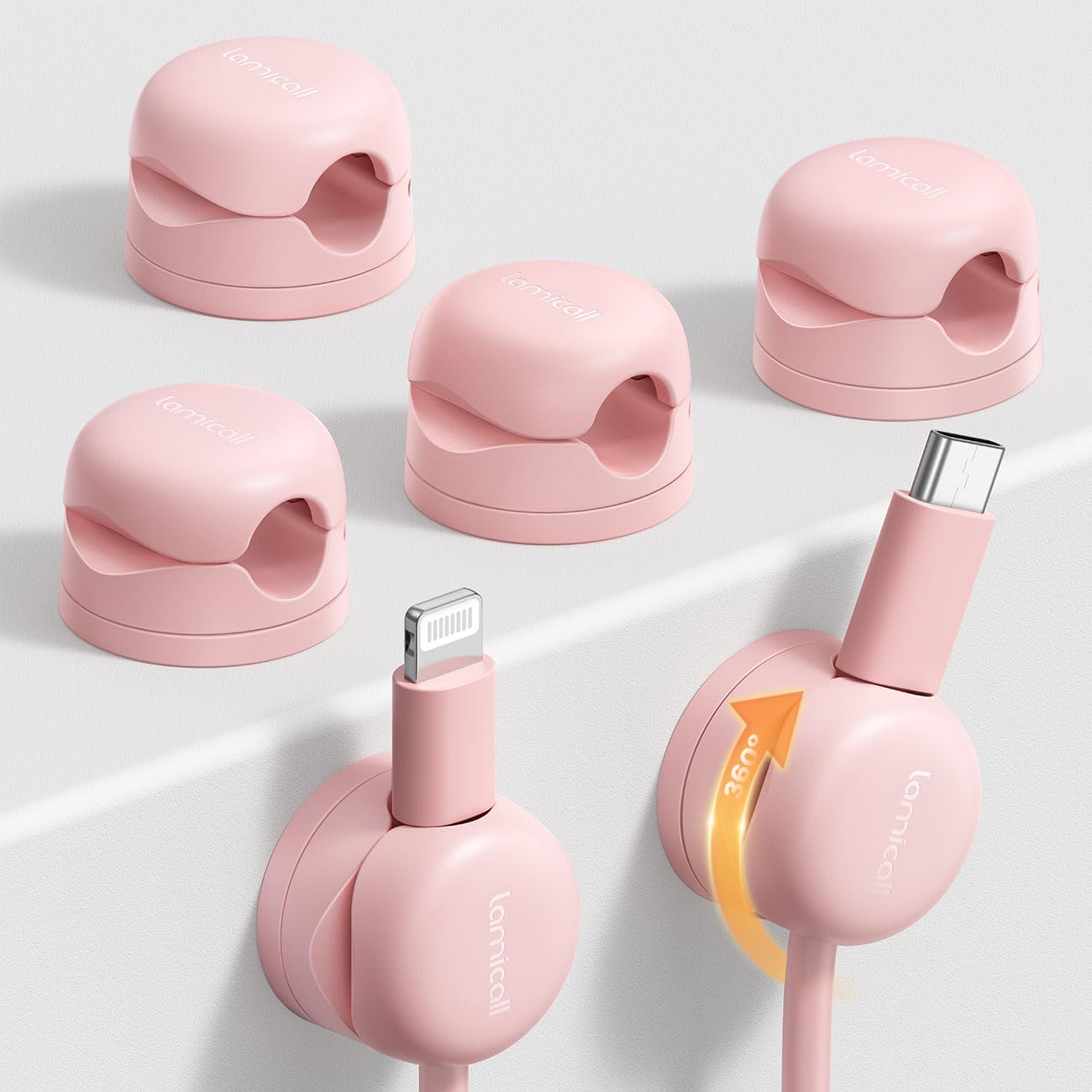 Lamicall 6 Pack Rotatable Spring Cord Organizer, Women Girls Adhesive Cable Management for Desk Nightstand Wall, Office Home Dorm Room Cable Clips Organizer Decor, Phone Charger Cord Holder, Pink