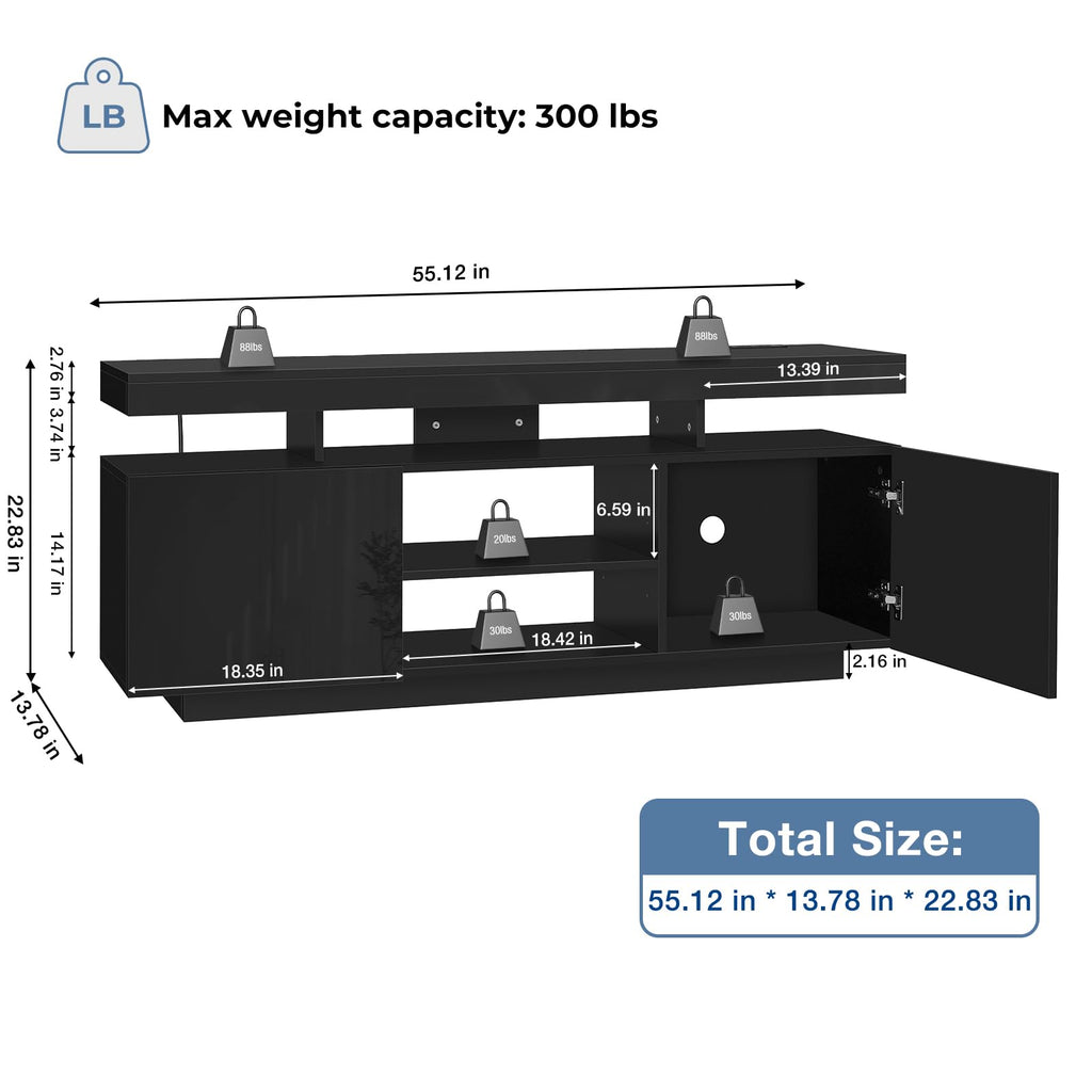 HOMMPA Modern LED TV Stand for 55 Inch TV, Black Tall TV Console with Power Outlet, Entertainment Center with Storage, High Gloss Gaming Media Console Cabinet for Living Room (47 Inch)