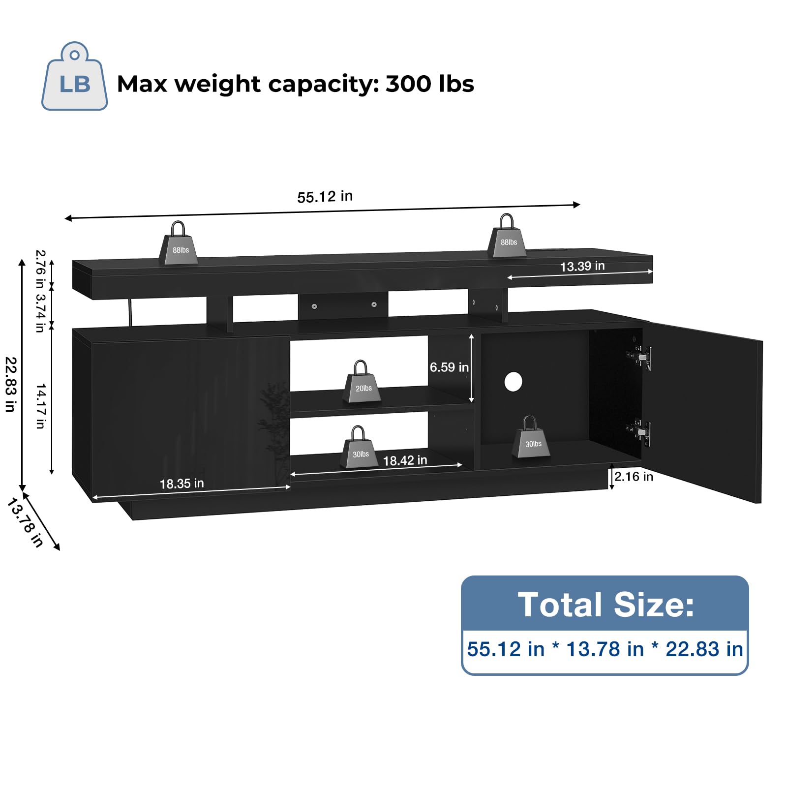 HOMMPA Modern LED TV Stand for 55 Inch TV, Black Tall TV Console with Power Outlet, Entertainment Center with Storage, High Gloss Gaming Media Console Cabinet for Living Room (47 Inch)