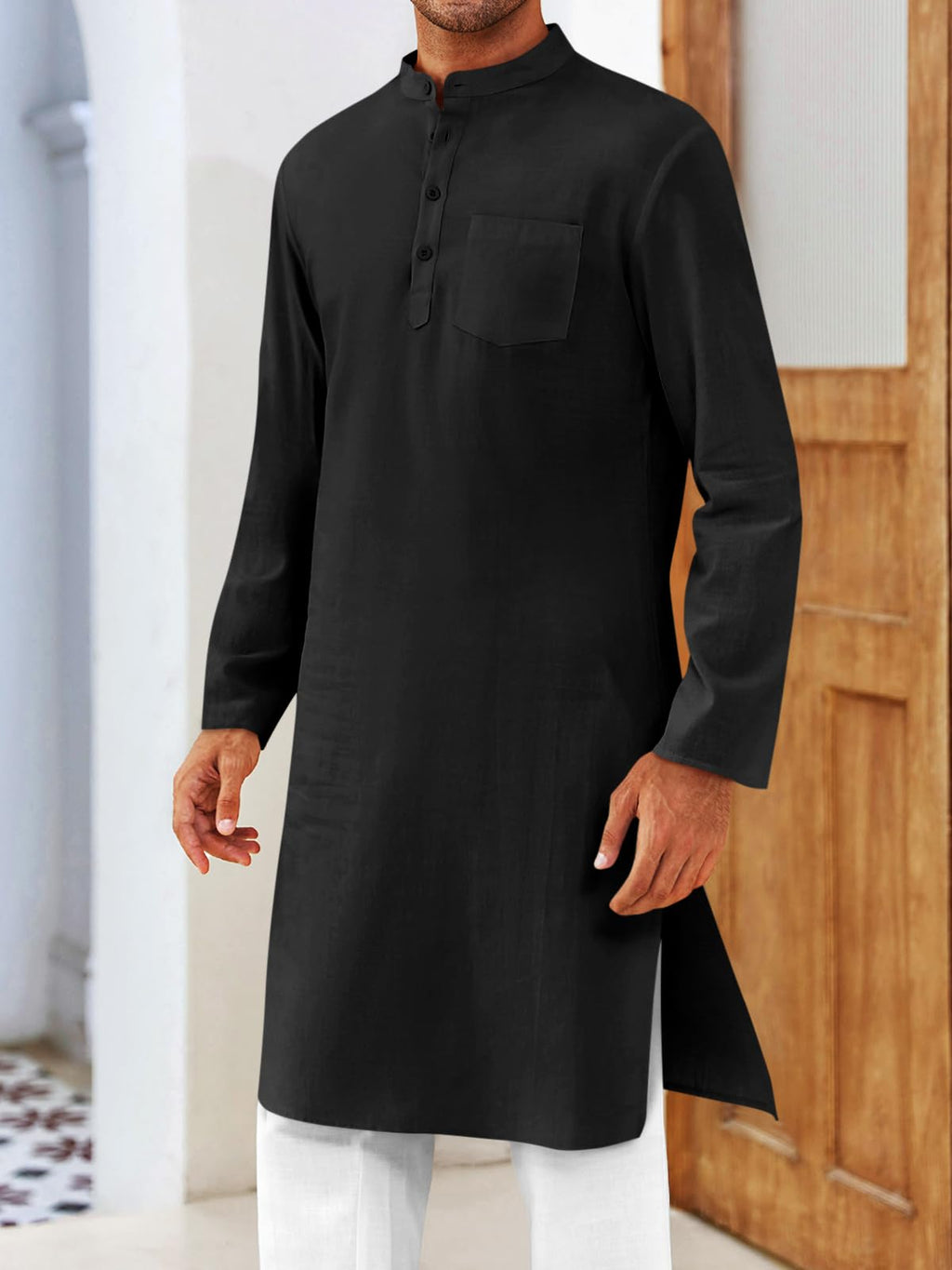 Gafeng Mens Kaftan Robe Button Down Long Sleeve Henley Cotton Thobe Casual Side Split Gown Shirt