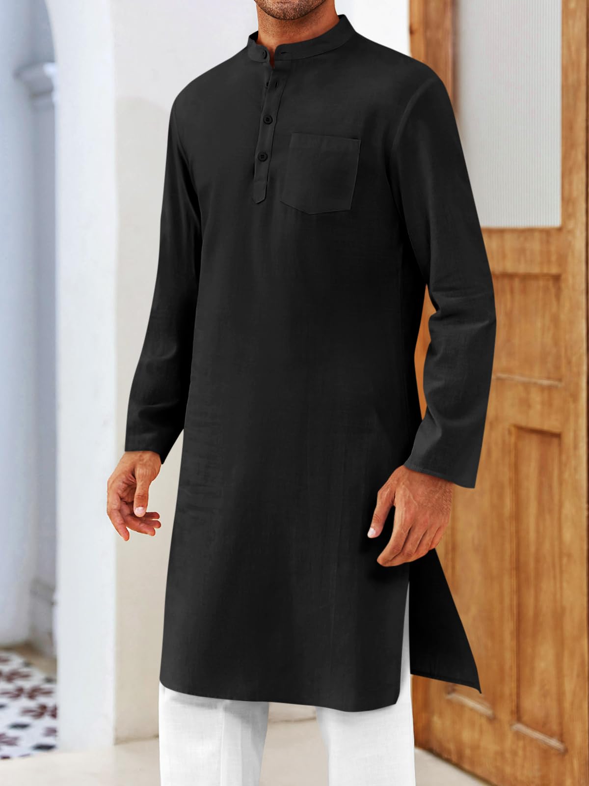 Gafeng Mens Kaftan Robe Button Down Long Sleeve Henley Cotton Thobe Casual Side Split Gown Shirt