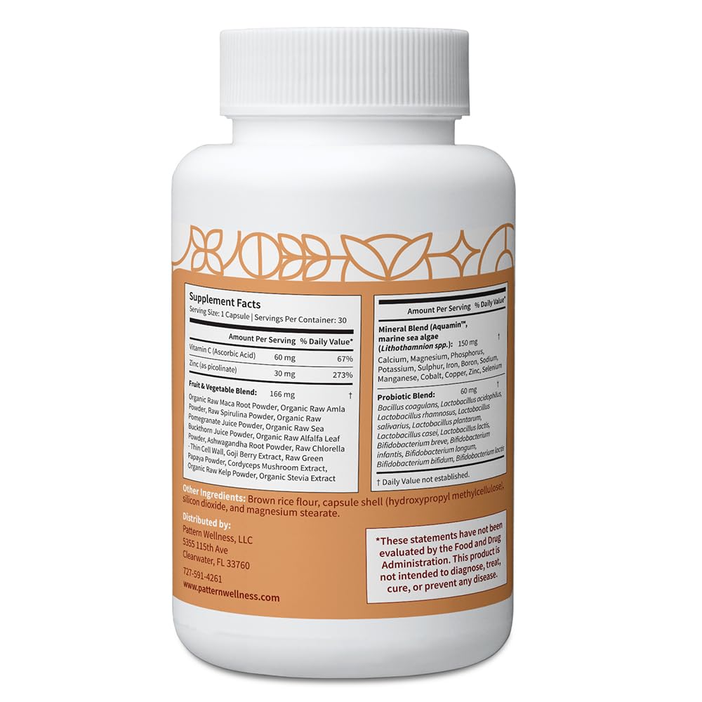 Pattern Wellness Zinc Complex – Supports Immune, Skin & Digestive Health – High Absorption Zinc with Vitamin C, Probiotics & Natural Blends – 30 Vegan Capsules