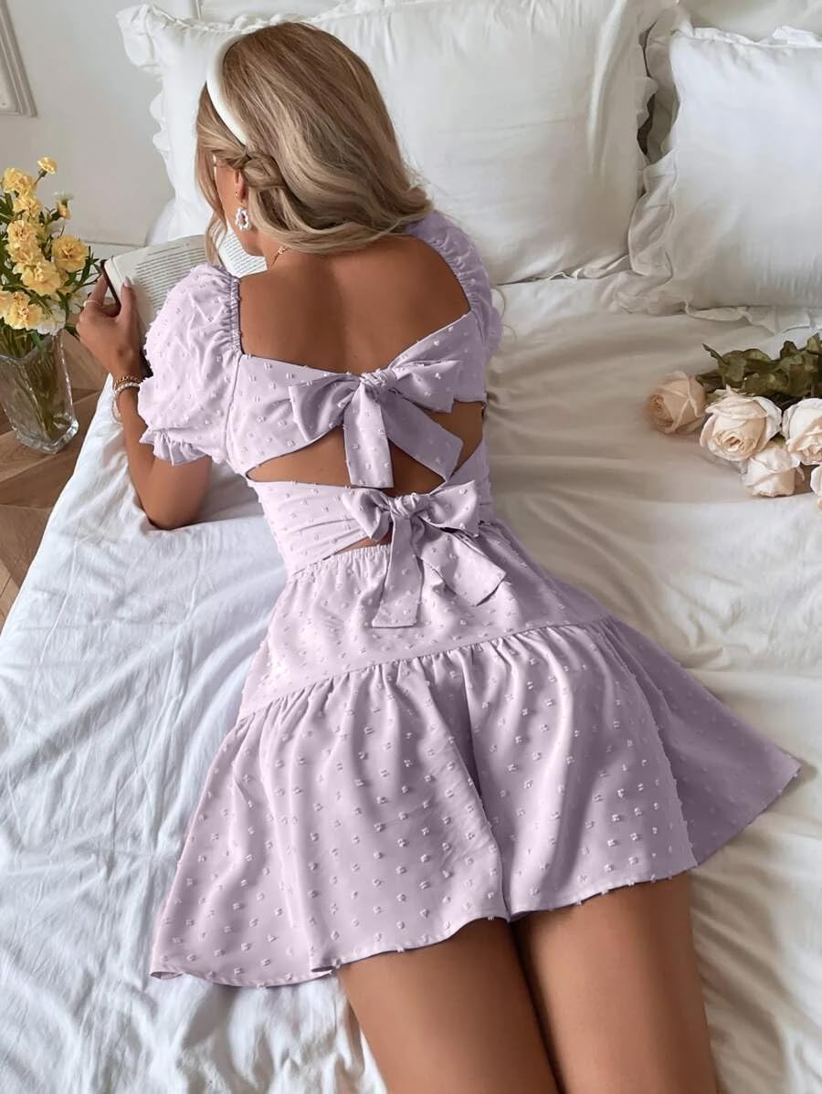 Narecte Summer Dresses for Women 2026,Tie Backless Swiss Dot Mini Dress,Ruffle Hem Flowy Casual Dresses