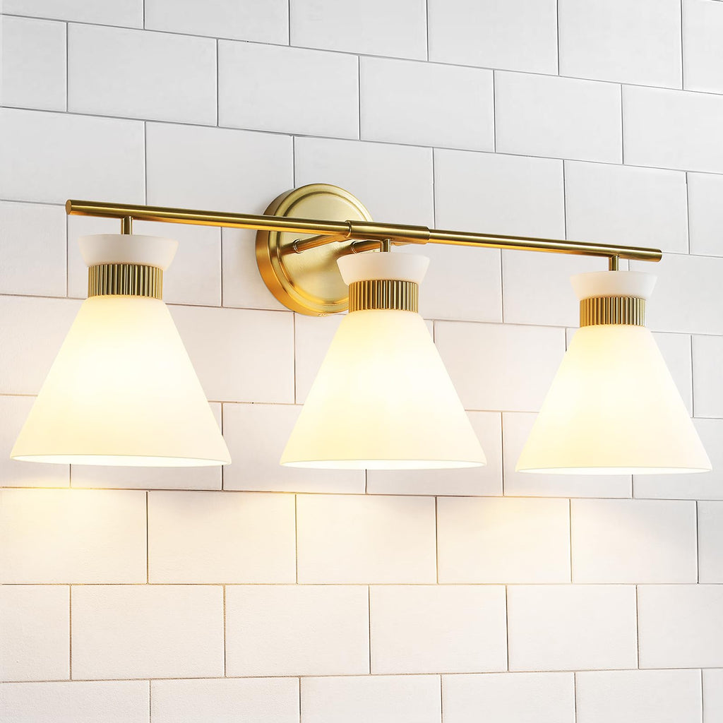 WOSHITU Gold Bathroom Light Fixtures: Modern Vanity Lighting Fixtures 2 Lights for Bathroom Mid Century Vanity Light Sconces Over Mirror with Frosted Milky Glass for Bath Bedroom Makeup