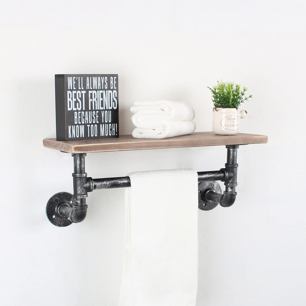 MBQQ Industrial Pipe Shelf Bathroom Shelves Wall Mounted,19.6in Rustic Wood Shelf with Towel Bar,1 Tier Farmhouse Towel Rack,Pipe Shelving Floating Shelves Towel Holder,Black & White
