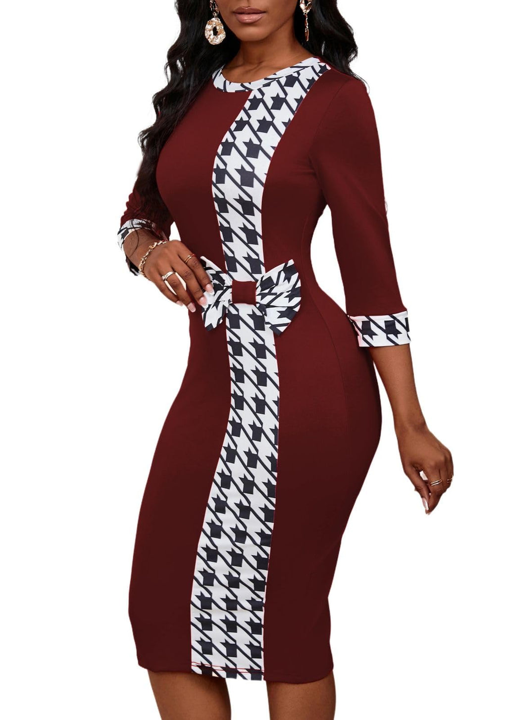 PerZeal Women's 3/4 Sleeve Round Neck Casual Houndstooth Bodycon Wear to Work Pencil Sheath Midi Dresses