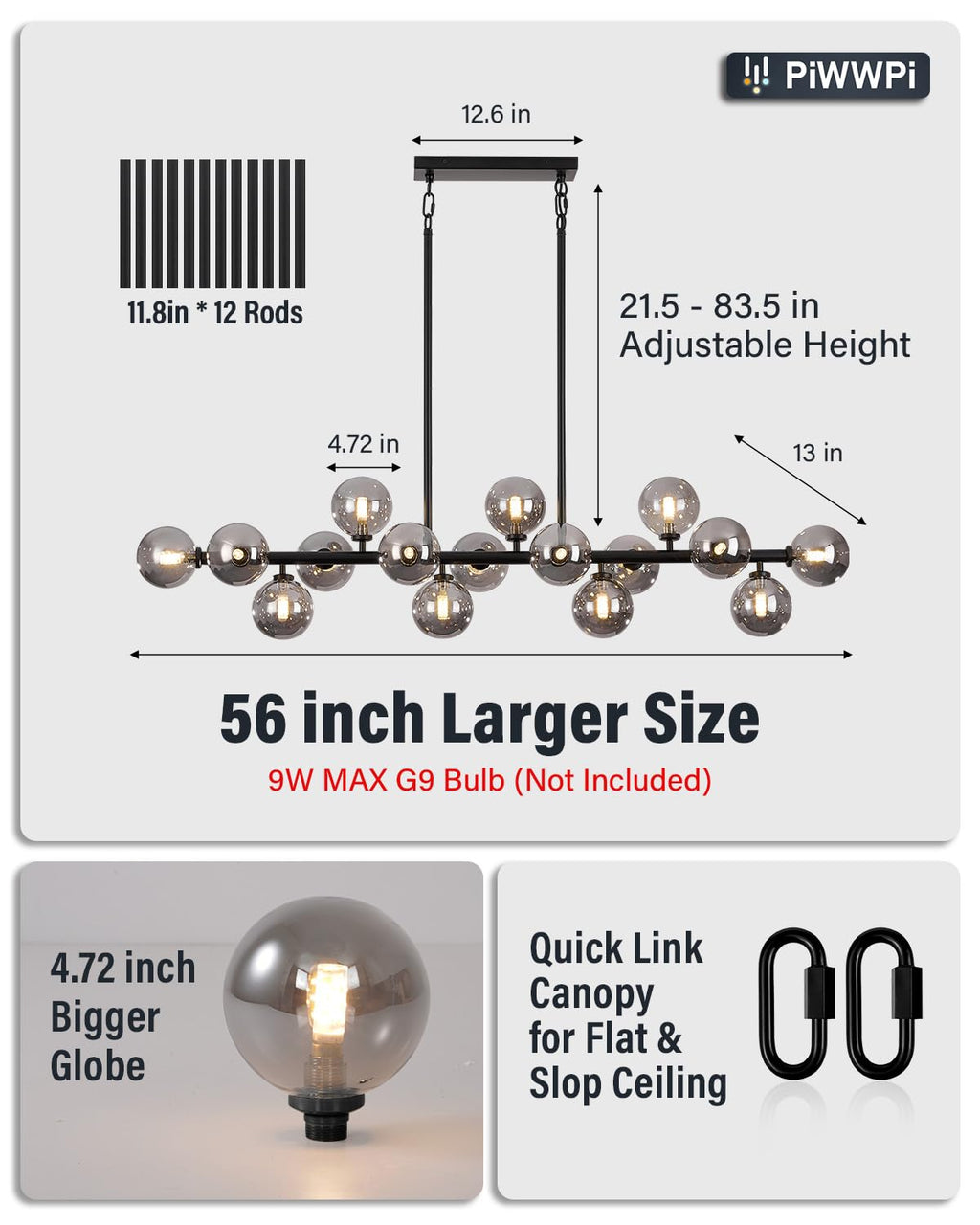 Modern Linear Chandeliers for Dining Room, 8-Light Globe Sputnik Pendant Ceiling Light, Black Dining Room Light Fixture Over Table, Mid Century Glass Milk White Bubble, 31.5 Inch, GC-09