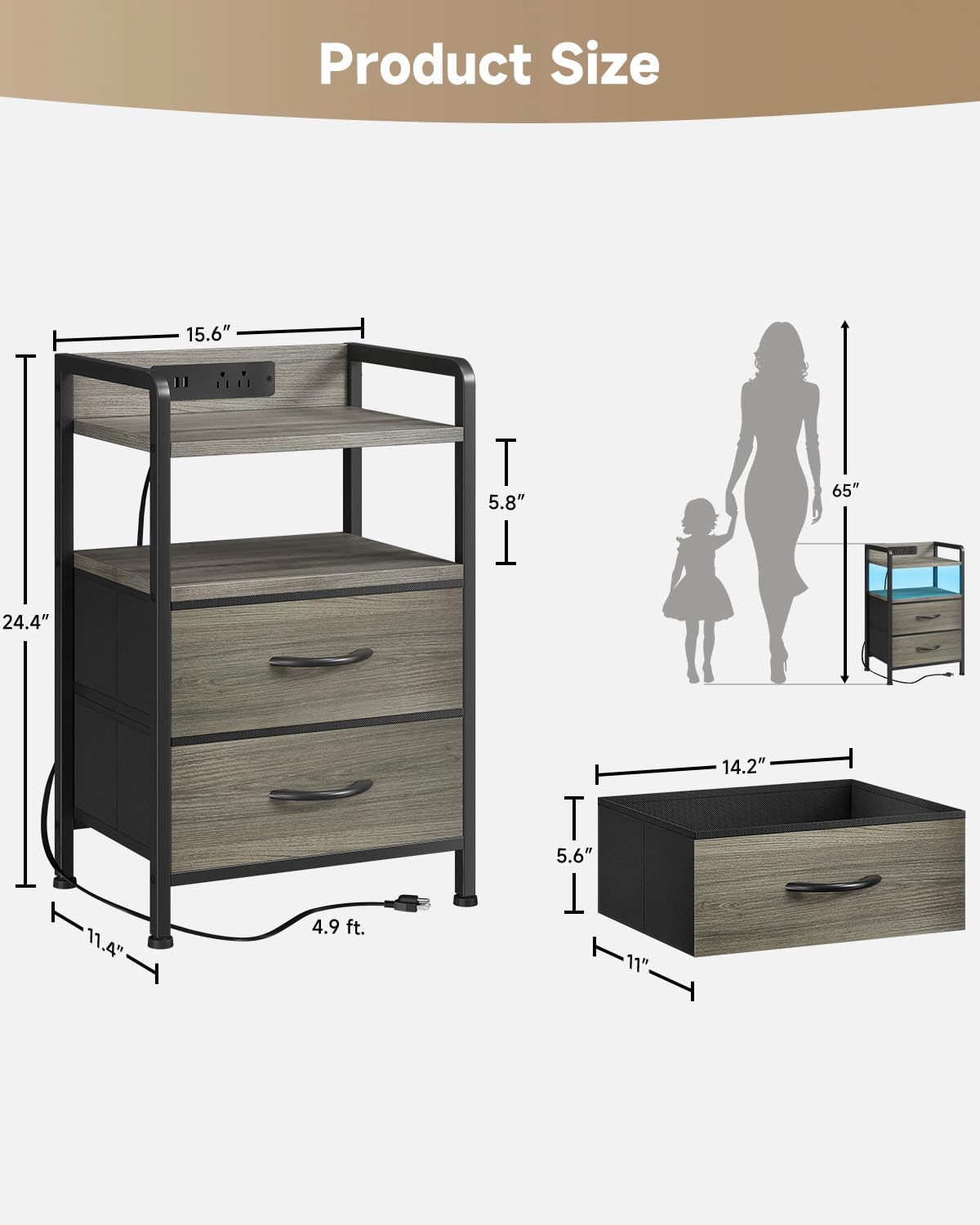Lazzanto Night Stand Bedside Charger Bedroom - Nightstand with Charging Station & LED Light Strip, Night Stand with Storage Shelf & 2 Fabric Drawers, Morden End Table with U-S-B Ports & AC Outlets