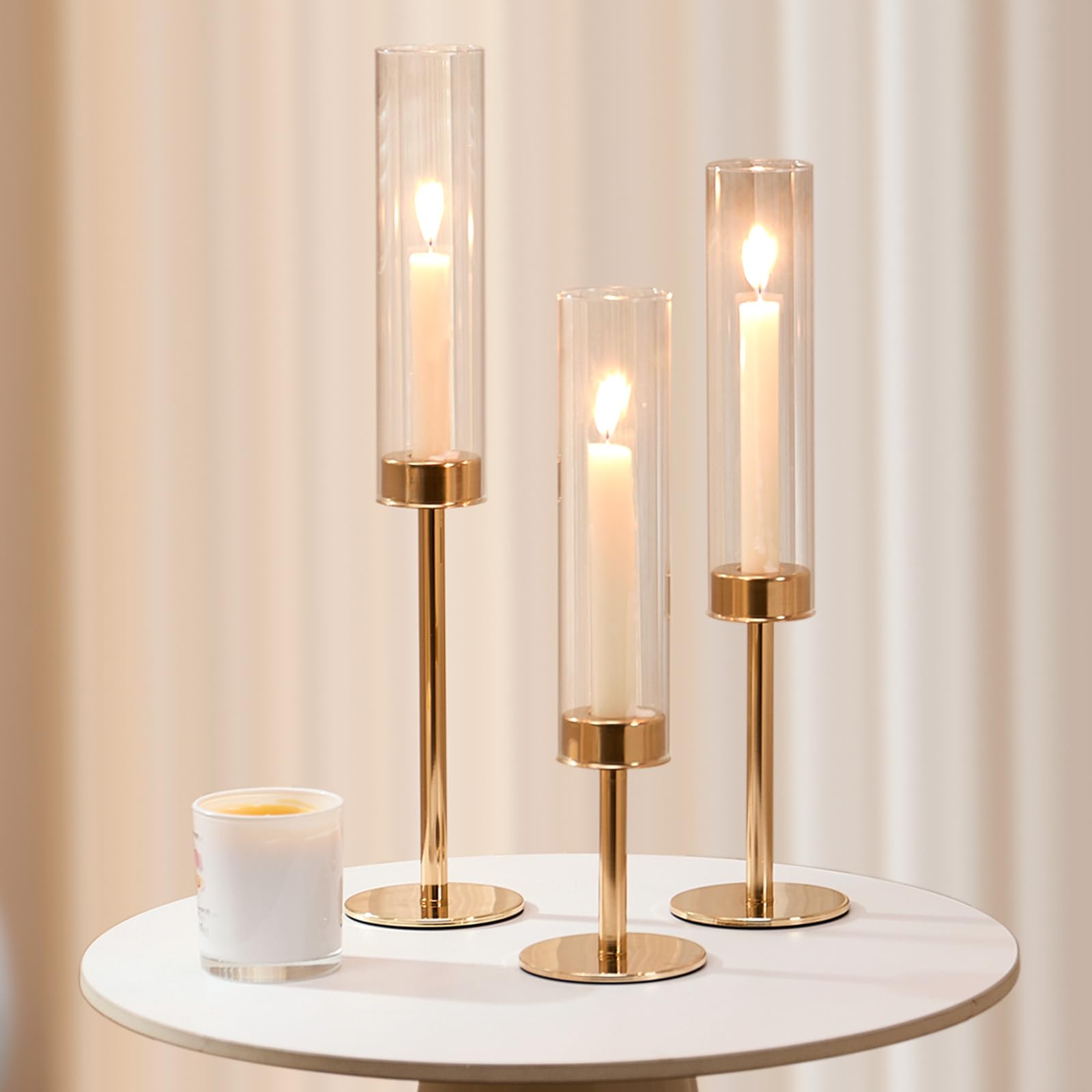 Black Hurricane Glass Candle Holders Set of 3, Tall Metal Taper Candle Stick Holder, Clear Candlestick Holders, Table Centerpieces Decor for Dining Dinner, Weddings, Christmas Fireplace Decorations