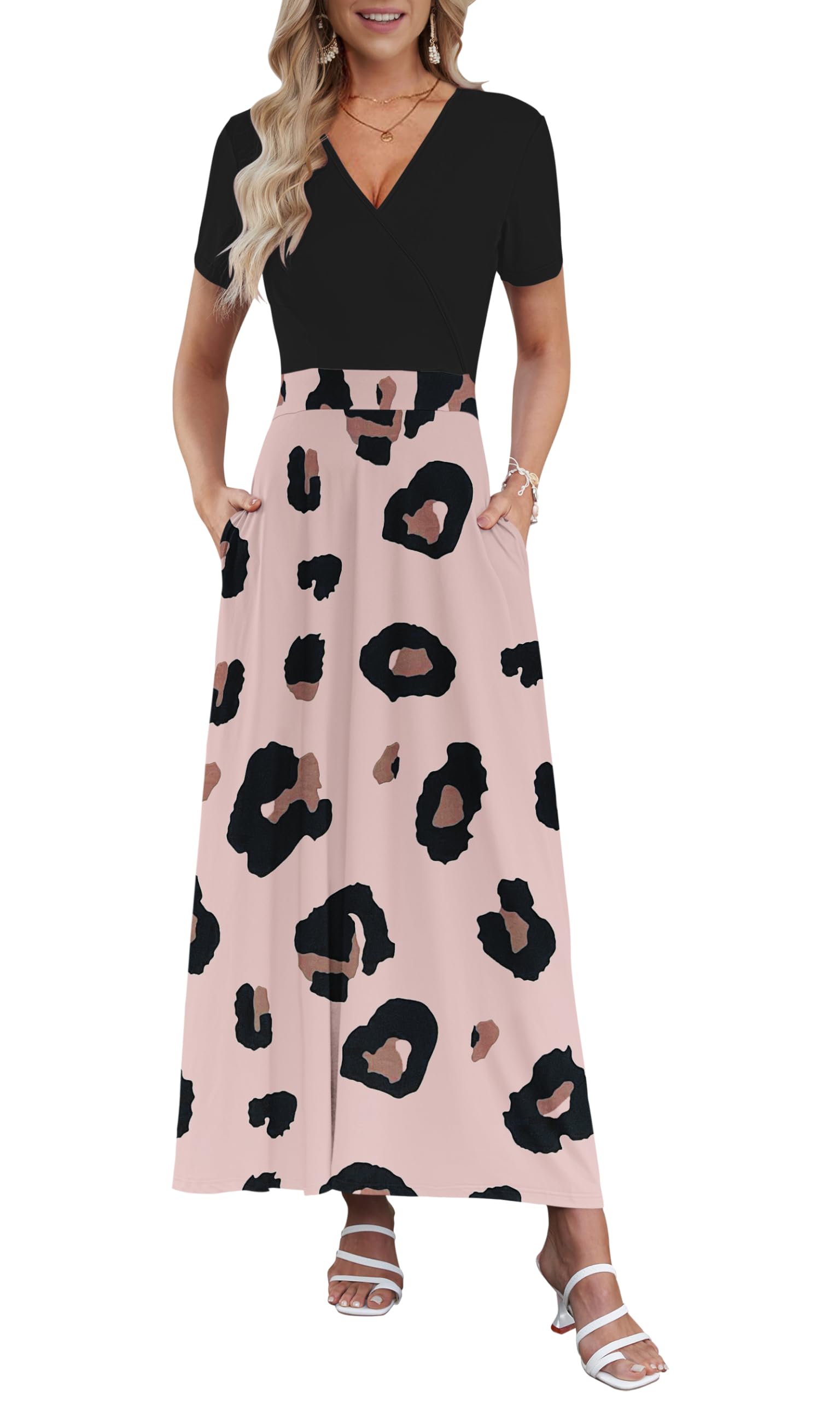 AUSELILY Maxi Dresses for Women Ankle Length Floral Print Beach Long Flowy Dress with Pockets