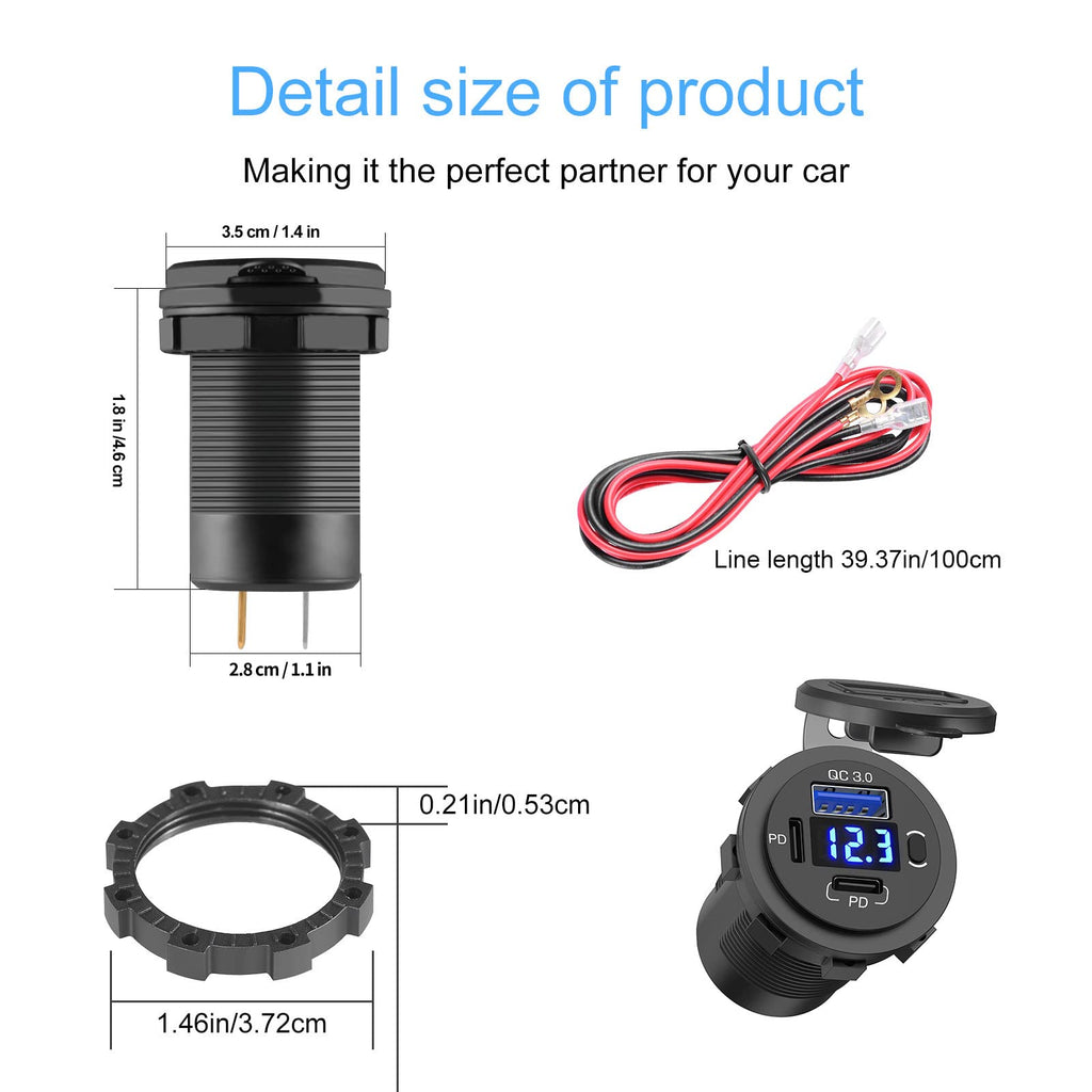 12V USB Outlet, Dual USB C Car Charger Socket & Quick Charge 3.0 Port with Voltmeter and Power Switch for Car Boat Marine Truck