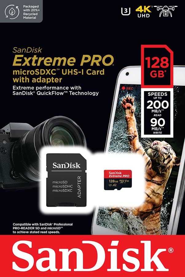 Sandisk SDSQXCD-128G-GN6MA Extreme Pro Microsdxc 128gb+sd Flsh Adapter 200mb/s 90mb/s A2 C10 V30 U