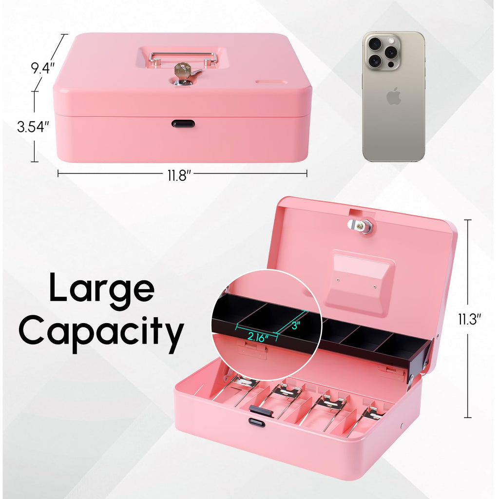 Cash Box with Money Tray and Key Lock, Saving Lock Box with Money Tray Storage for Cash Register 11.8"x9.45"x3.54" Black XL Large