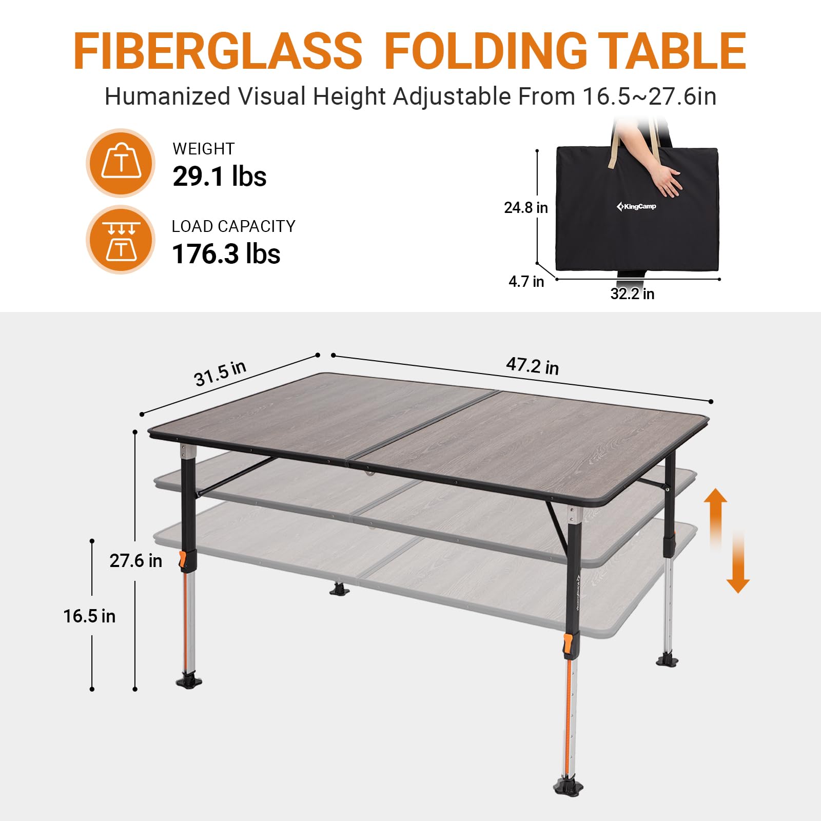 KingCamp Bamboo Folding Table, 4-Fold Camping Adjustable Height Portable Outdoor Lightweight & Compact Table with Aluminum Frame for RV Picnic BBQ Tailgating