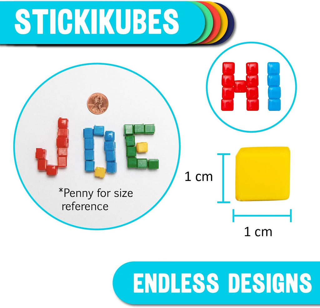 KOMARC GAMES StickiKubes - Mini STEM Building Blocks that Stick to Anything - 125 Non Toxic Sensory Stacking Cubes in 4 Colors