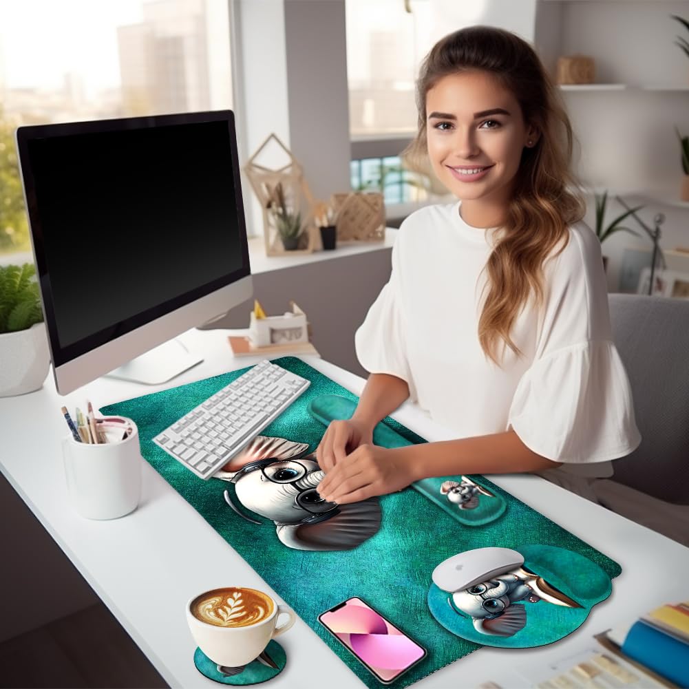 Black Striped Ergonomic Large Desk Mat Set with Wrist Rest