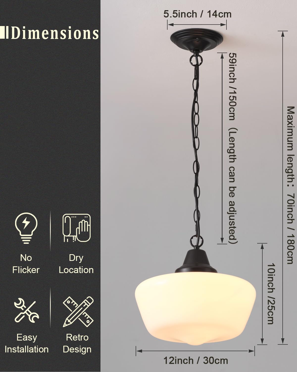 Schoolhouse Light Fixture, 12 Inch Black Finish with Milk Glass Semi Flush Mount Ceiling Light, Ceiling Light Fixture for Kitchen Hallway Entryway (Type C Pendant Light)