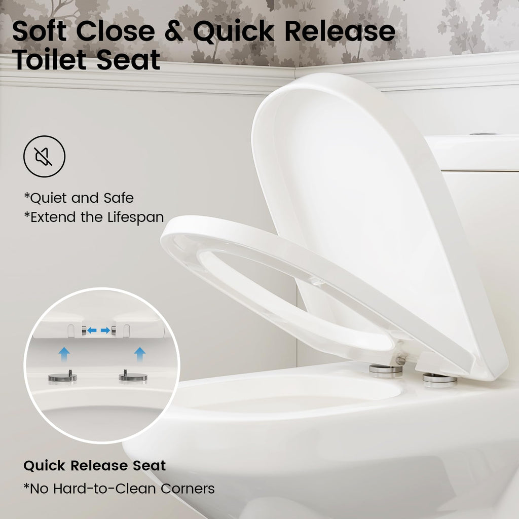 Compact One Piece Toilet for Bathroom, Space-Saving Powerful Dual Flush Round Small Toilet, Average 1.28 GPF, Skirted Design with Upgraded UF Quiet & Soft Close Seat (10" Rough-in Toilet)