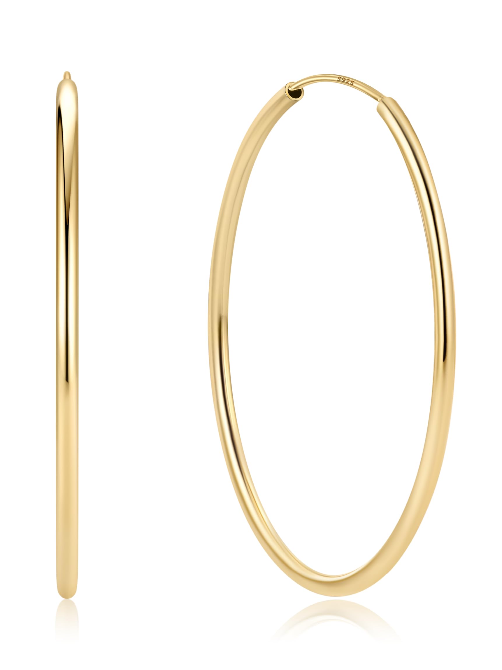 ChicSilver 925 Sterling Silver Hoop Earrings for Women Hypoallergenic, Lightweight Large Gold Plated Silver Hoop Earrings, Endless Hoops Earring 20/30/40/50/60/70MM