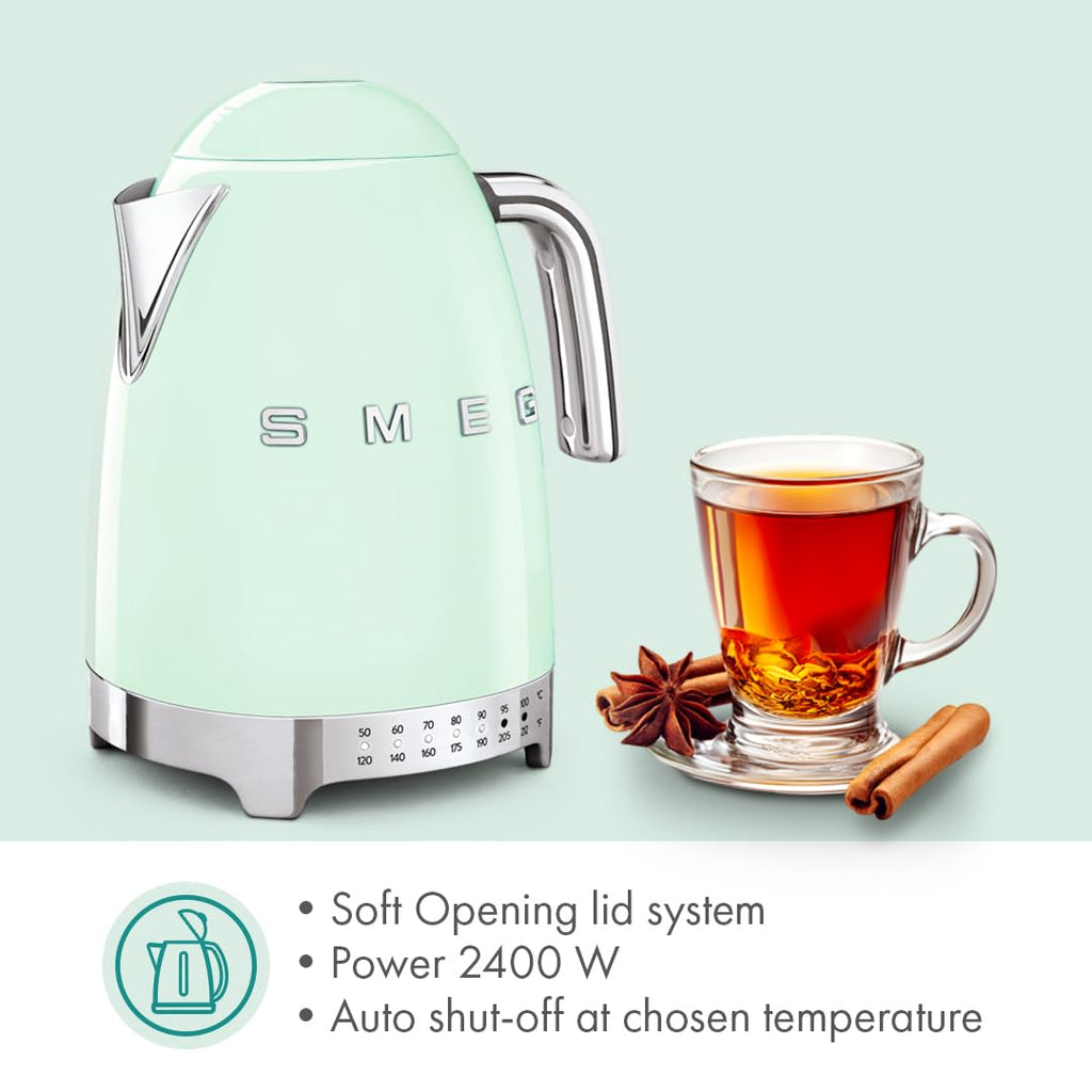 SMEG Variable Temperature Electric Kettle 1.7L (7 Cup), Stainless Steel Tea & Coffee Kettle, Fast Boil, Adjustable Temp 122°F–212°F, Keep Warm, Auto Shut-Off, 360° Base, Retro Style-Black