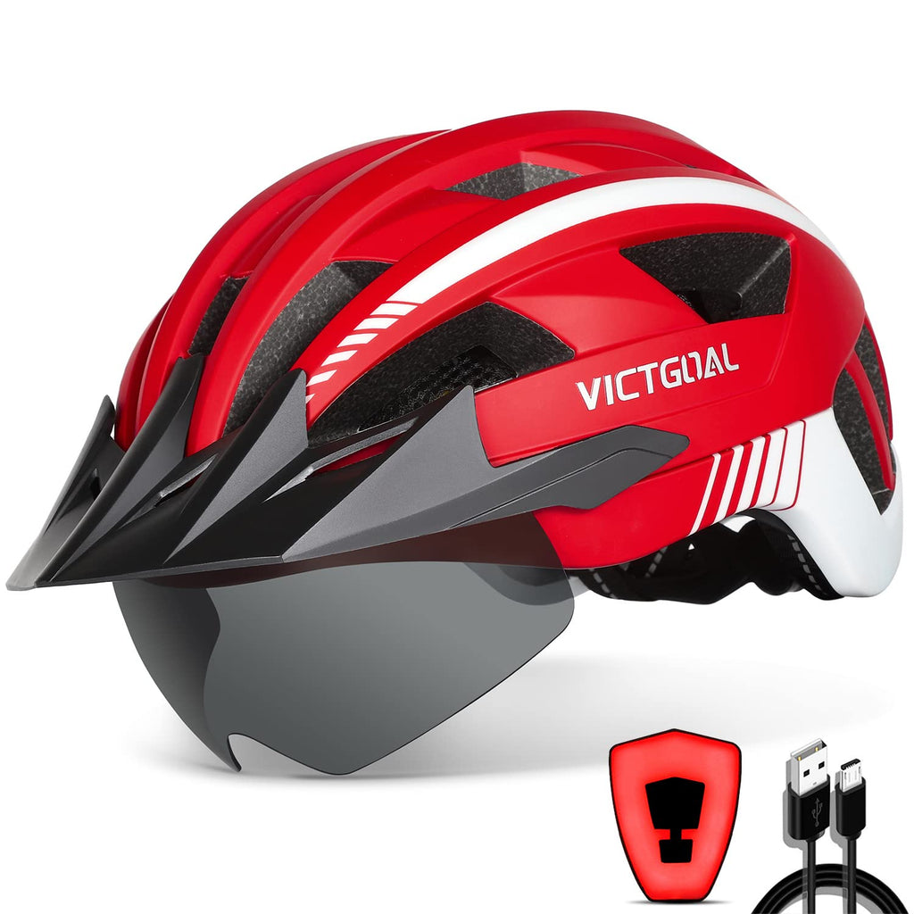 VICTGOAL Bike Helmet with USB Rechargeable Rear Light Detachable Magnetic Goggles Removable Sun Visor Mountain & Road Bicycle Helmets for Men Women Adult Cycling Helmets