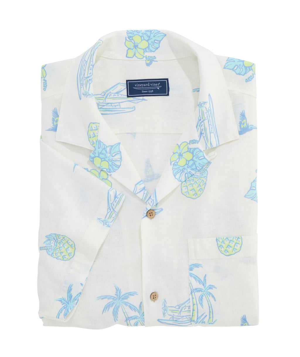Vineyard Vines Men's Tropical Airways Seabreeze Linen Rayon Short Sleeve Cabana Shirt