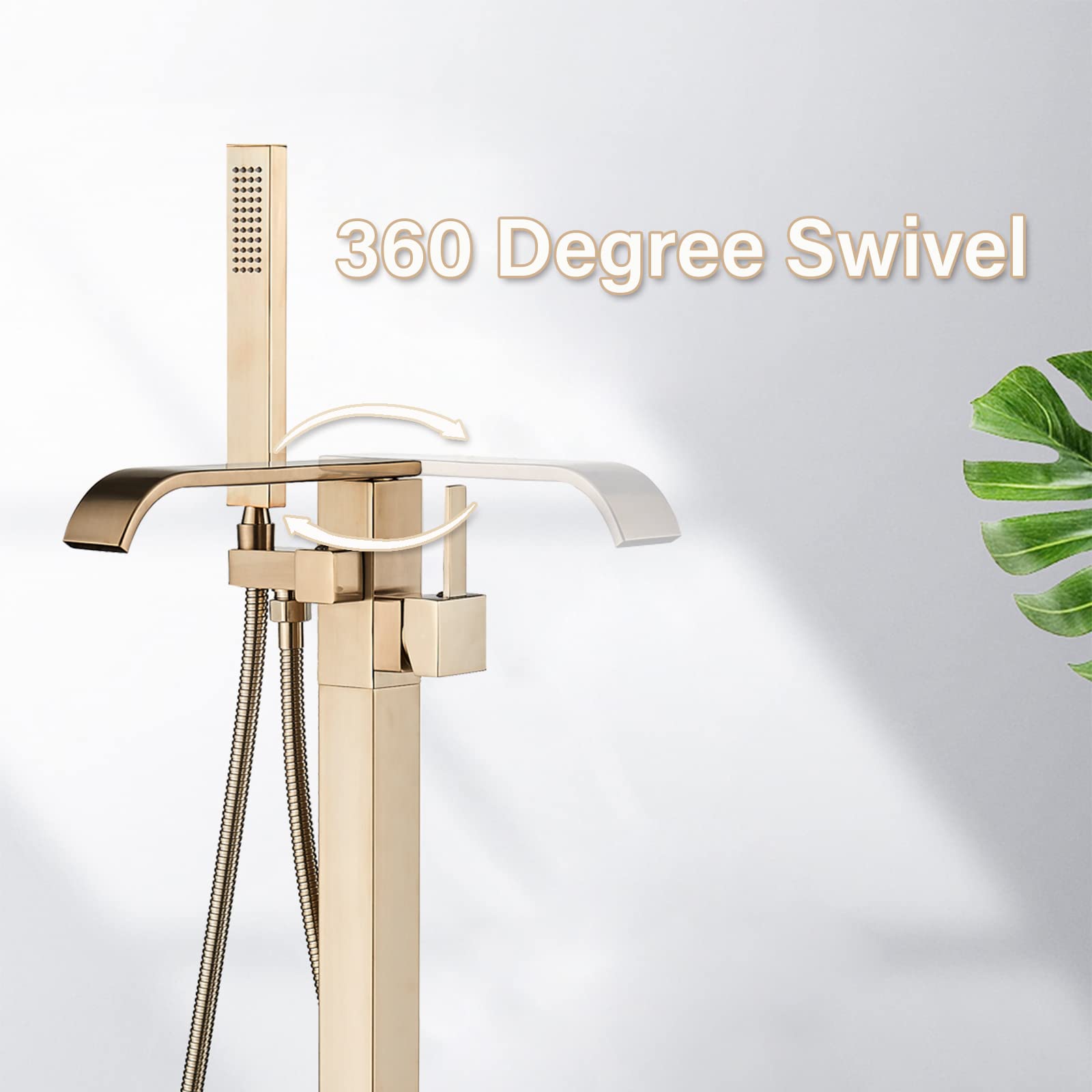 Brushed Gold Freestanding Bathtub Faucet with Hand Shower Tub Filler Faucet Floor Mounted High Flow Single Handle Bath Filler Solid Brass