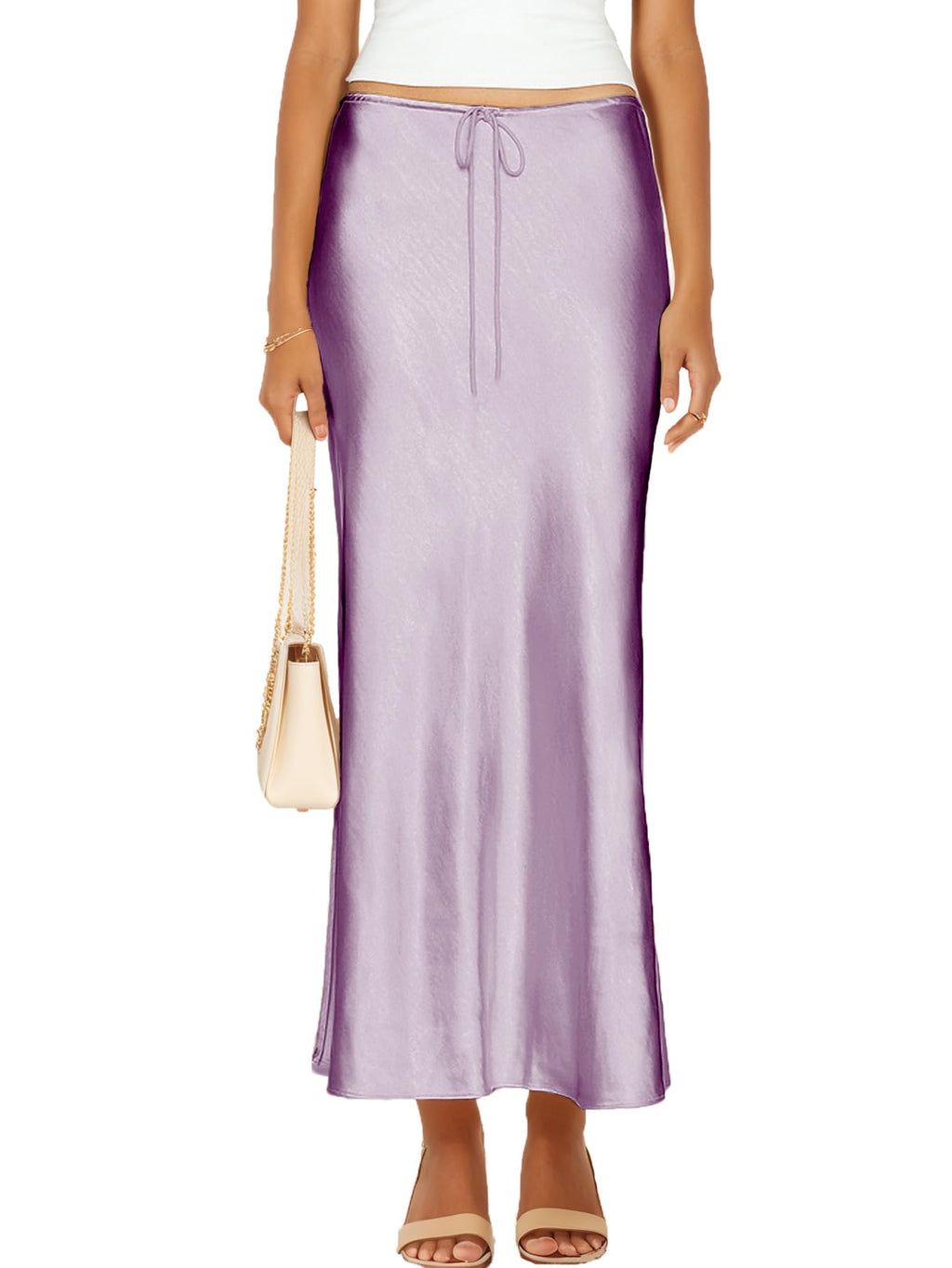 Womens Satin Silk Maxi Skirts Drawstring Flared Casual A-Line Long Skirt for Women