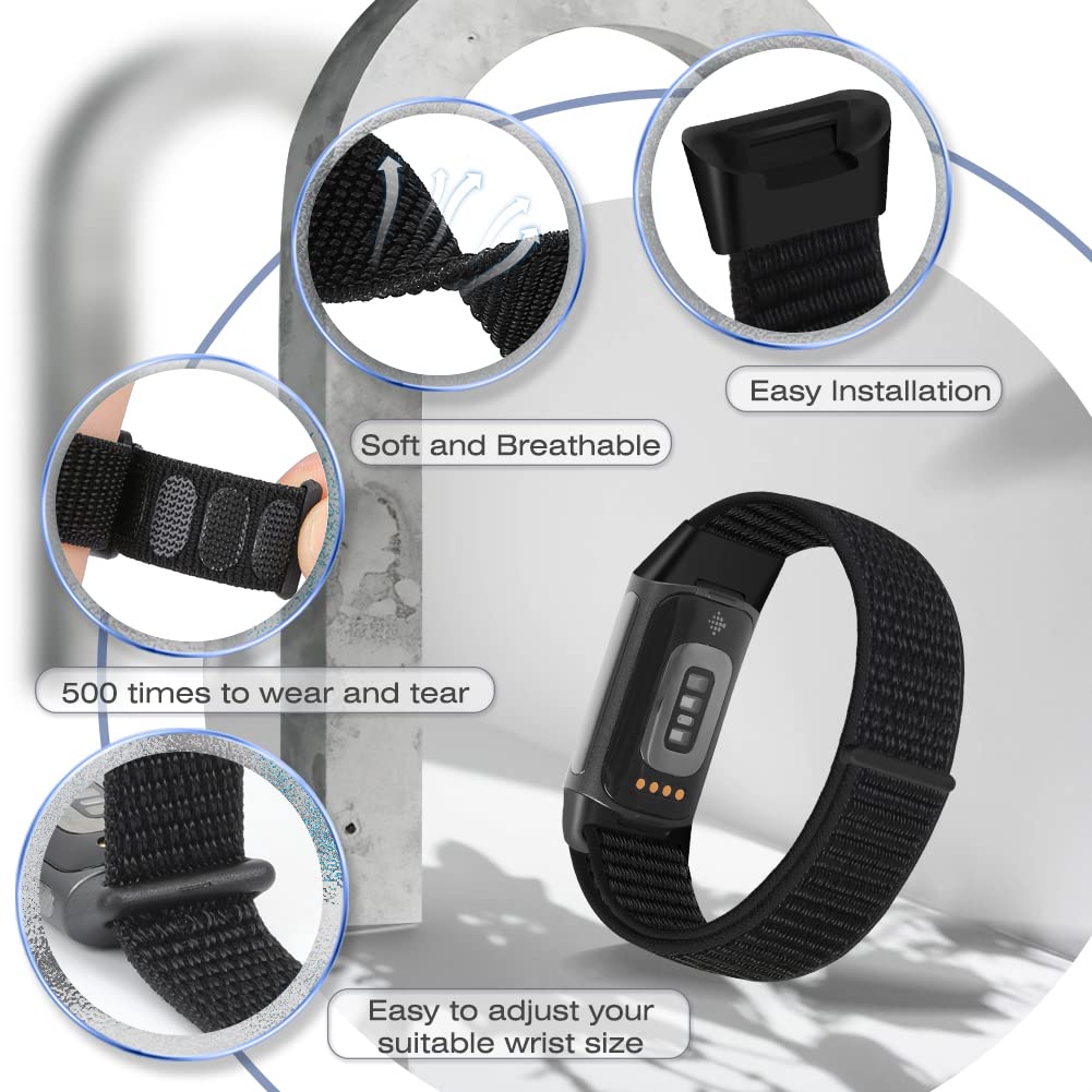 Sport Loop Nylon Watch Bands Compatible with Fitbit Charge 6/5, Adjustable Breathable Replacement Soft Nylon Loop Wristband for Women/Men