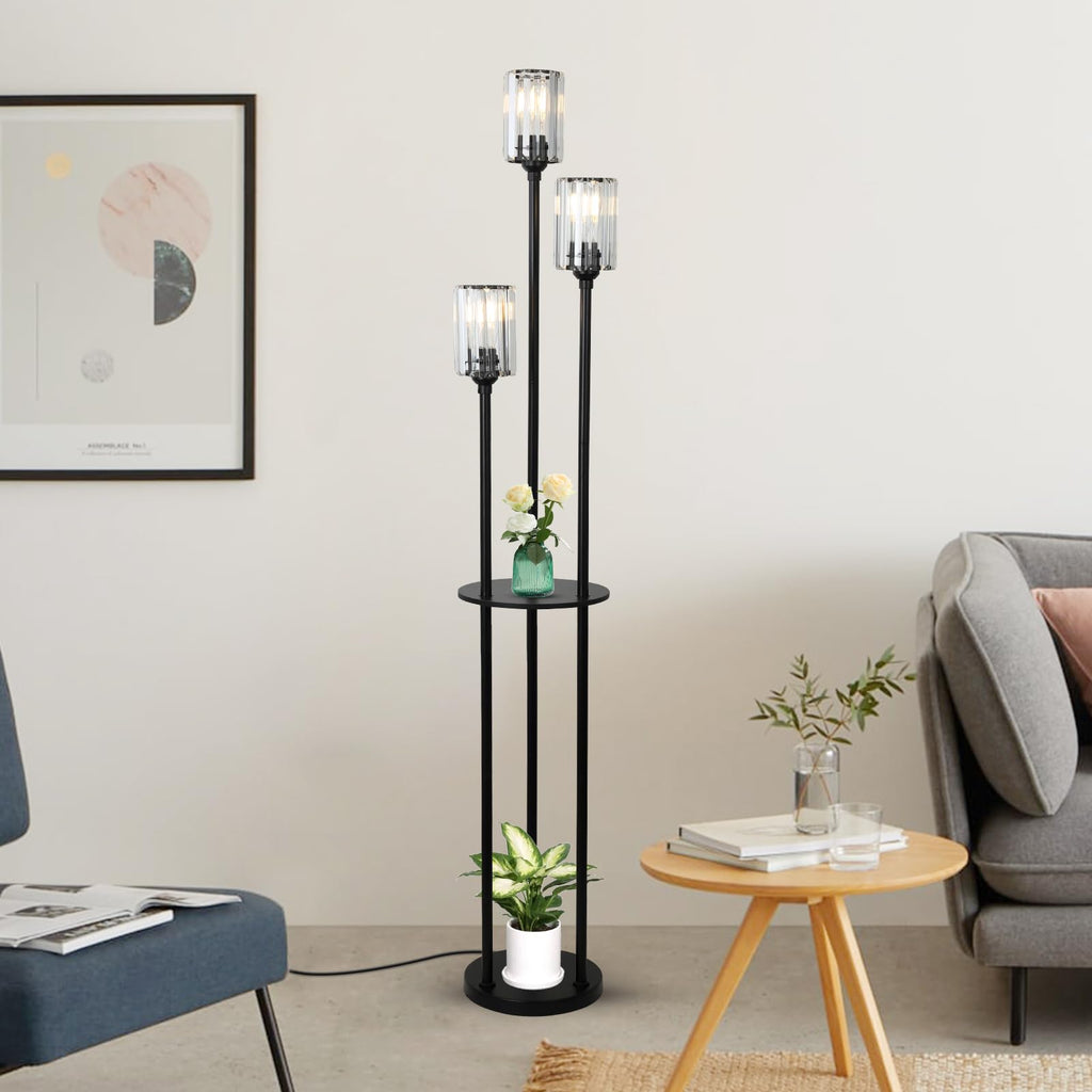 HMVPL Gold Floor Lamps for Living Room, Modern Floor Lamp with Shelves, Crystal Standing Lamps with Table, Brass Tall Lamp with Crystal Shade, On/Off Switch, Mid Century Corner Floor Lamp for Bedroom