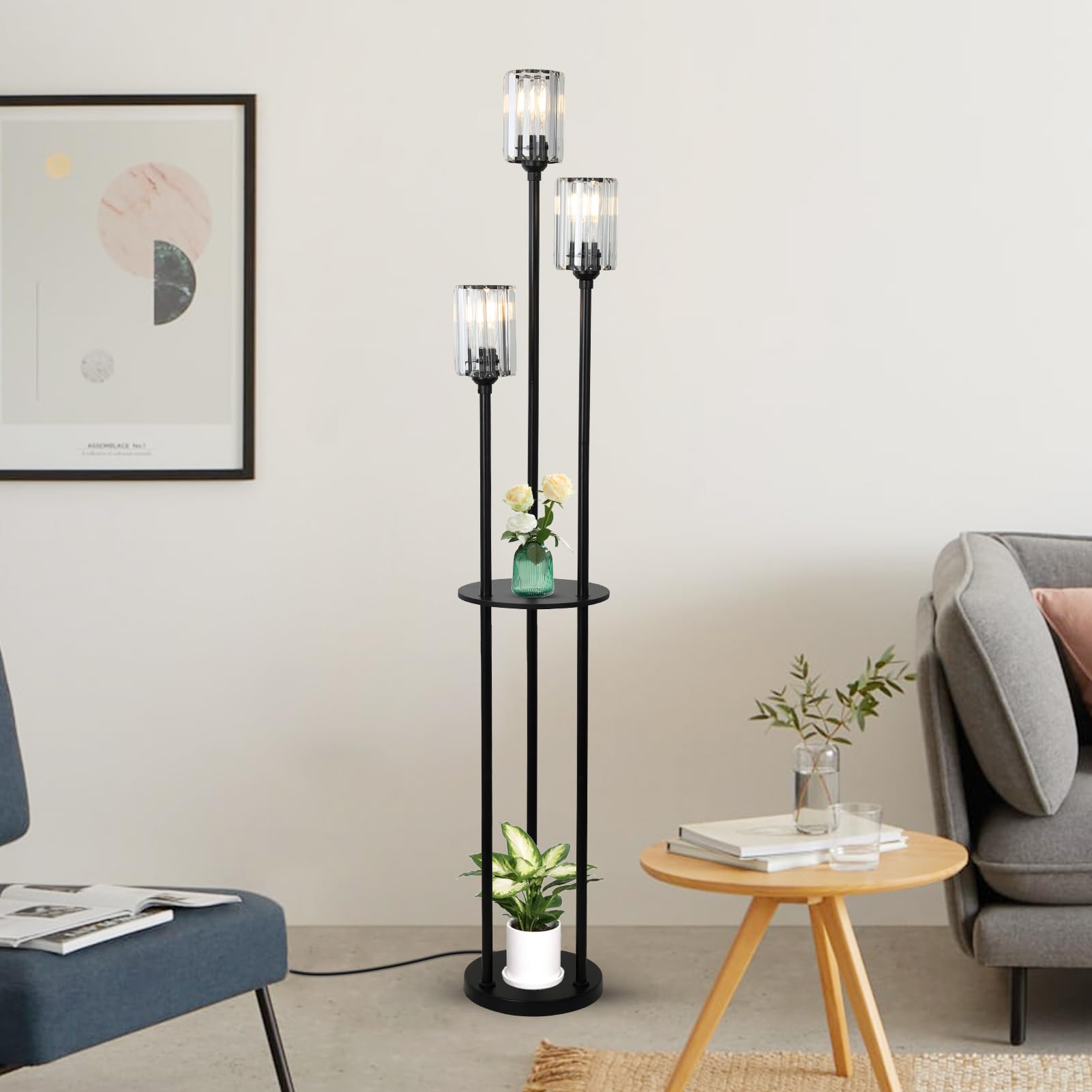 HMVPL Gold Floor Lamps for Living Room, Modern Floor Lamp with Shelves, Crystal Standing Lamps with Table, Brass Tall Lamp with Crystal Shade, On/Off Switch, Mid Century Corner Floor Lamp for Bedroom