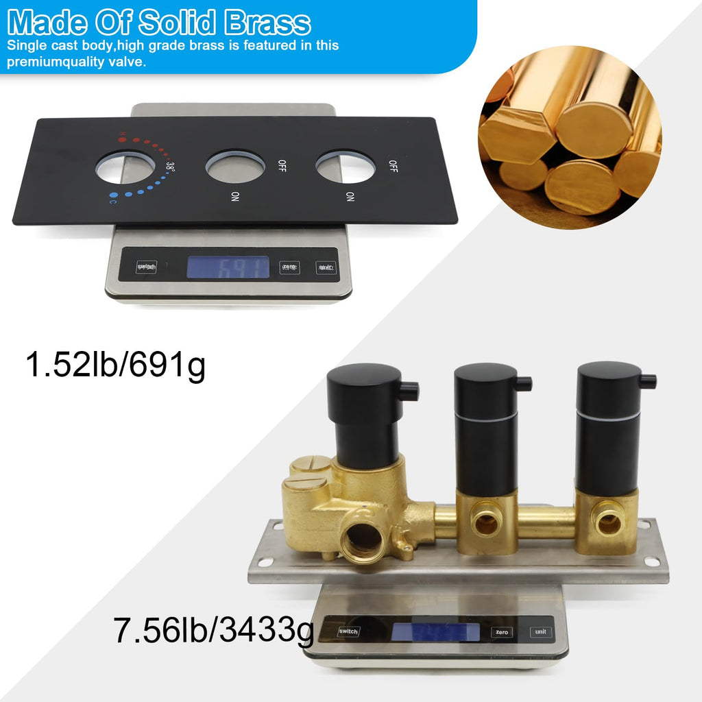 HOMEDEC 2 Way Shower Diverter Valve Brass Dual Functions Thermostatic Shower Mixing Valve Kit 3 Handle Flow Control Valve, 3/4 Inch Inlet, Can Use All Options At a Time, Matte Black