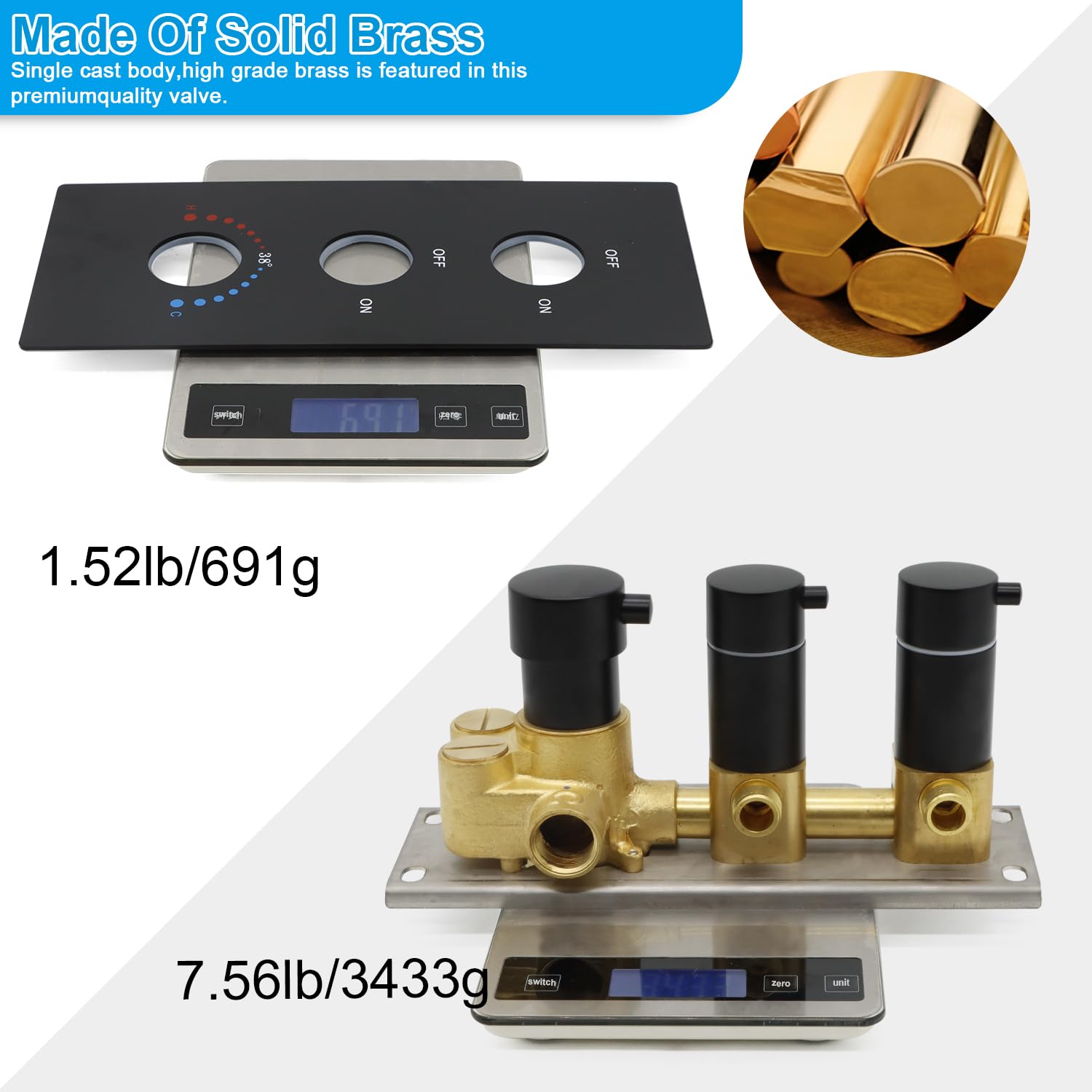 HOMEDEC 2 Way Shower Diverter Valve Brass Dual Functions Thermostatic Shower Mixing Valve Kit 3 Handle Flow Control Valve, 3/4 Inch Inlet, Can Use All Options At a Time, Matte Black