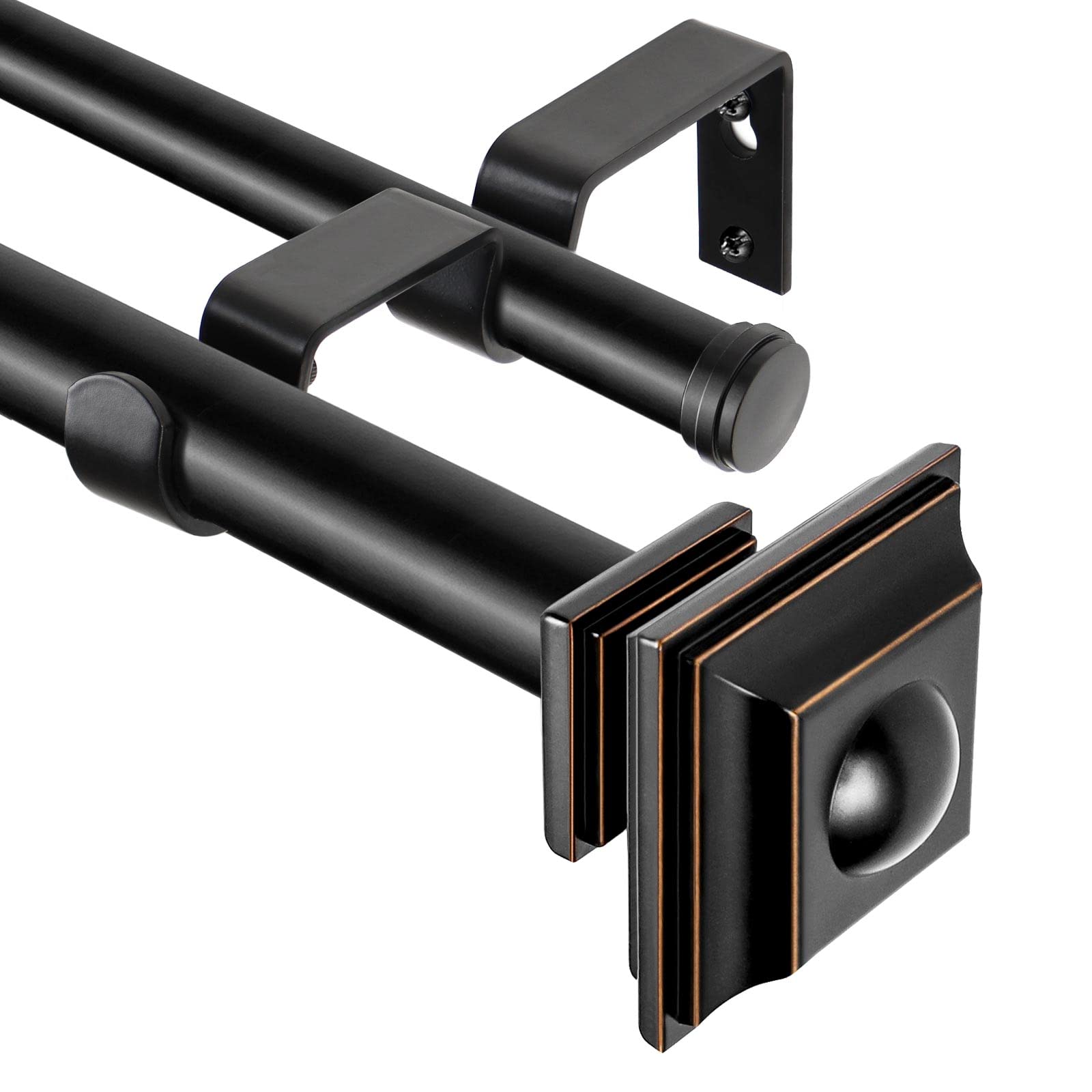 KAMANINA 1 Inch Double Curtain Rods 36 to 72 Inches (3-6 Feet) Telescoping Dark Silver Curtain Rod for Windows 24 to 68 Inches, Heavy Duty Drapery Rods with Square Finials