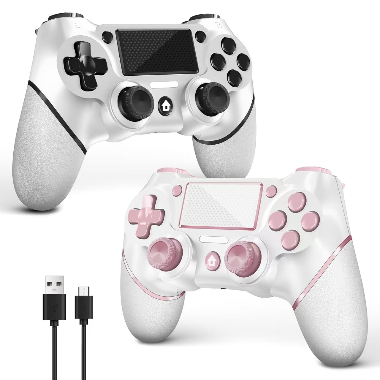 AceGamer 2 Pack for PS4 Controller, Wireless Controller for PS4/Pro/Slim/PC, with Non-Slip Grip of Both Sides and USB-C Cable! (Black and White)