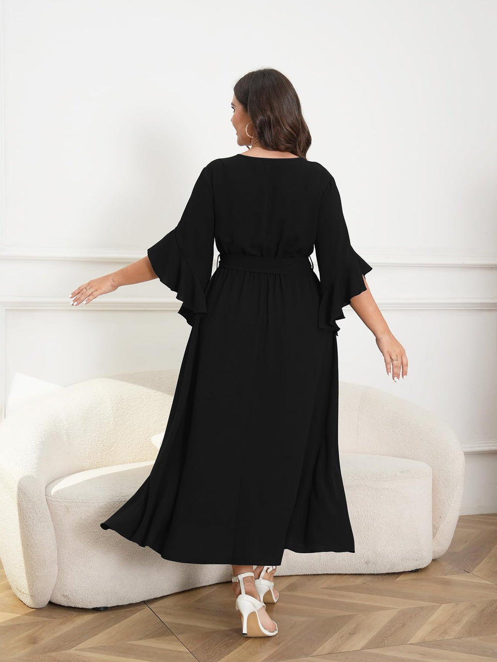 Womens Plus Size Dress Wedding Guest Cocktail Ruffle Half Sleeve Wrap V Neck Slit A Line Maxi Dresses with Belt