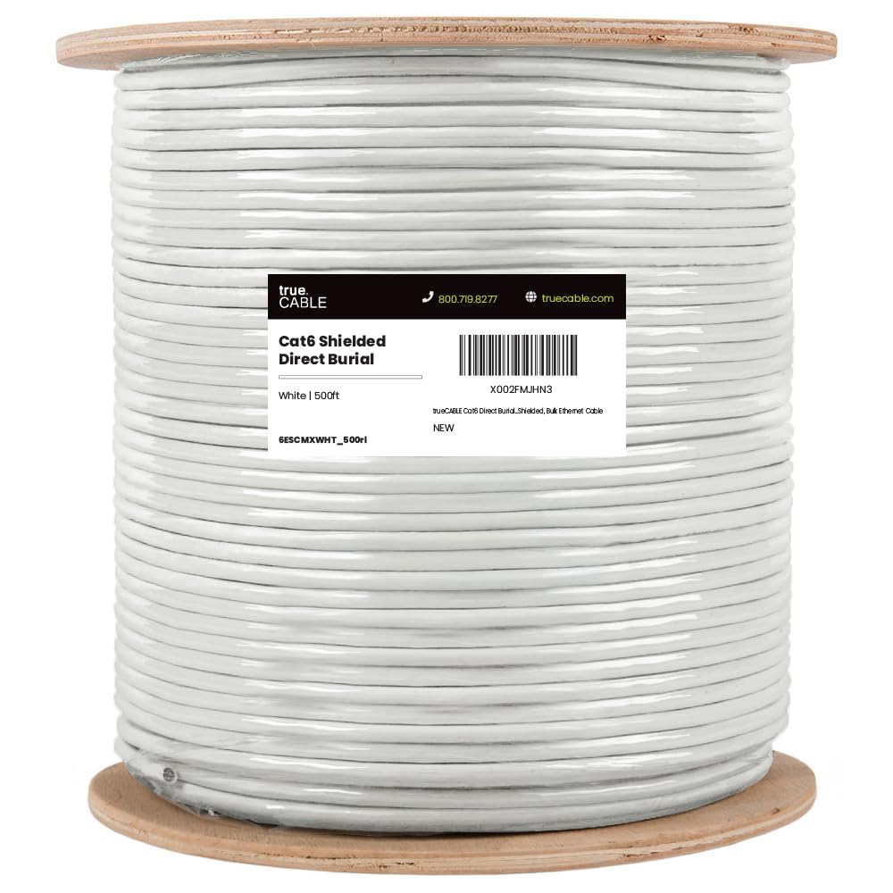 TRUE CABLE Cat6 Direct Burial Outdoor Bulk Ethernet Cable, Shielded F/UTP, 500ft, Brown, 23AWG Solid Bare Copper, Heavy Duty Outdoor, OSP Jacket, Waterproof, UV, 550MHz, PoE++ 100W (4PPoE)