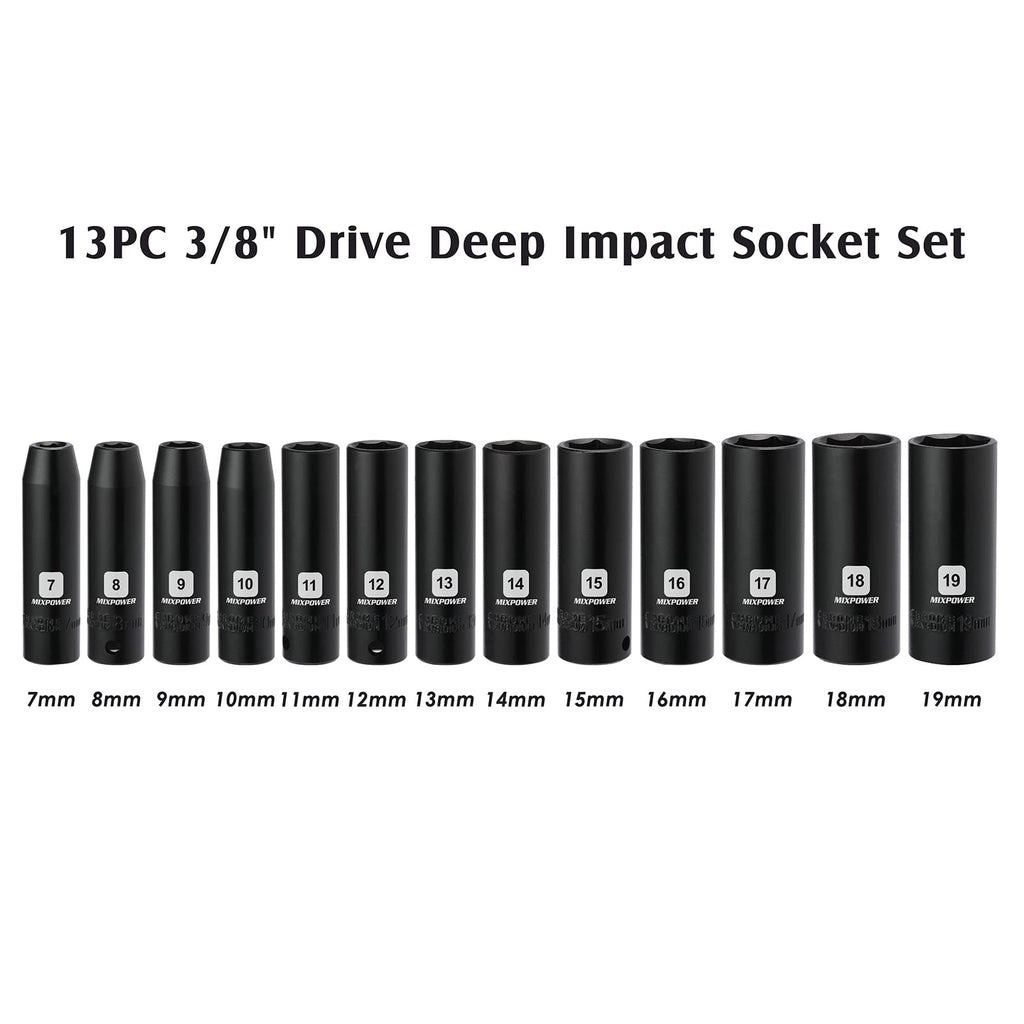 MIXPOWER 12 Pieces 3/8-Inch Drive Shallow Impact Socket Set, 5/16 to 1 inch, CR-V, SAE, 6 Point, Shallow, 12 Pieces 3/8" Dr. Socket