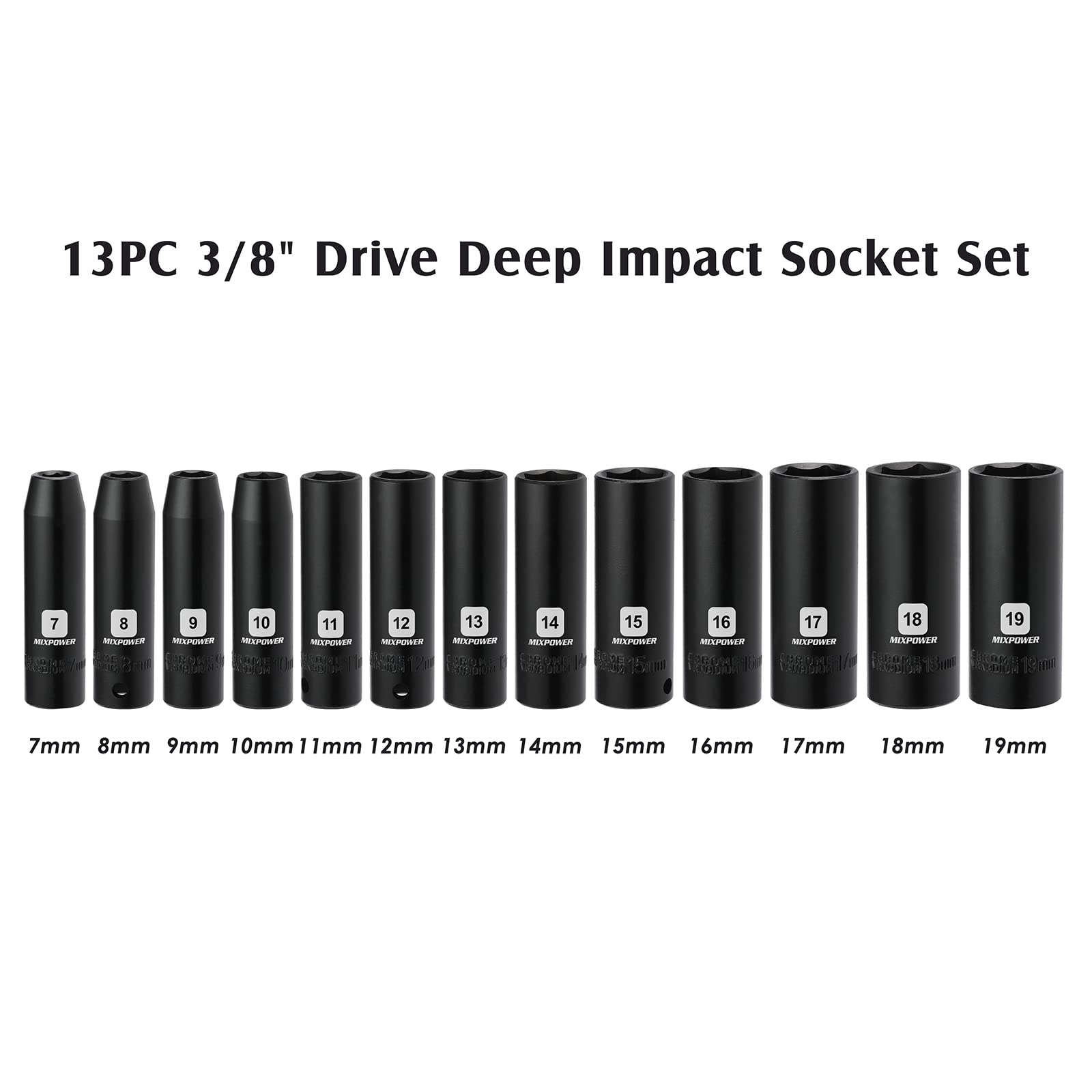 MIXPOWER 12 Pieces 3/8-Inch Drive Shallow Impact Socket Set, 5/16 to 1 inch, CR-V, SAE, 6 Point, Shallow, 12 Pieces 3/8" Dr. Socket