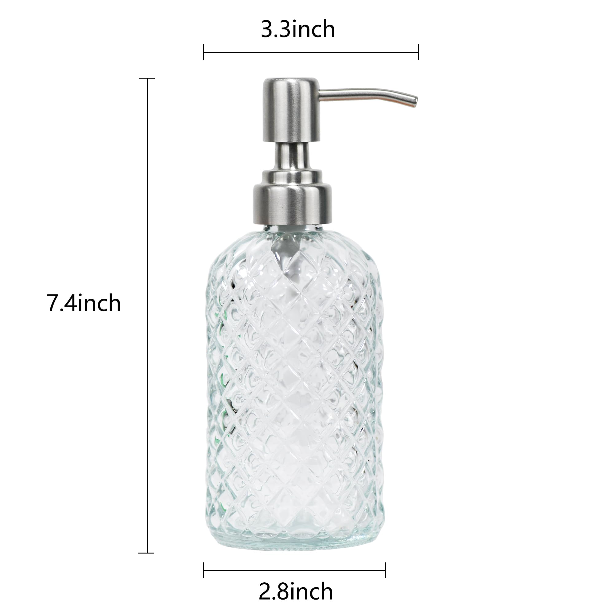 16 oz Diamond Pattern Glass Soap Dispenser, Kitchen and Bathroom Refillable Soap Dispenser with Rust Resistant Stainless Steel Pump for Hand Soap, Lotion Glass Liquid Dispenser(Amber)