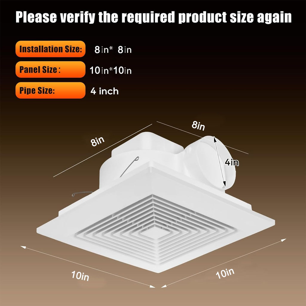Orsong Bathroom Exhaust Fan 10" Panel Ultra Quiet without Light(8x8 Mount), 110CFM, 4" Duct for Bathroom/Garage/Home