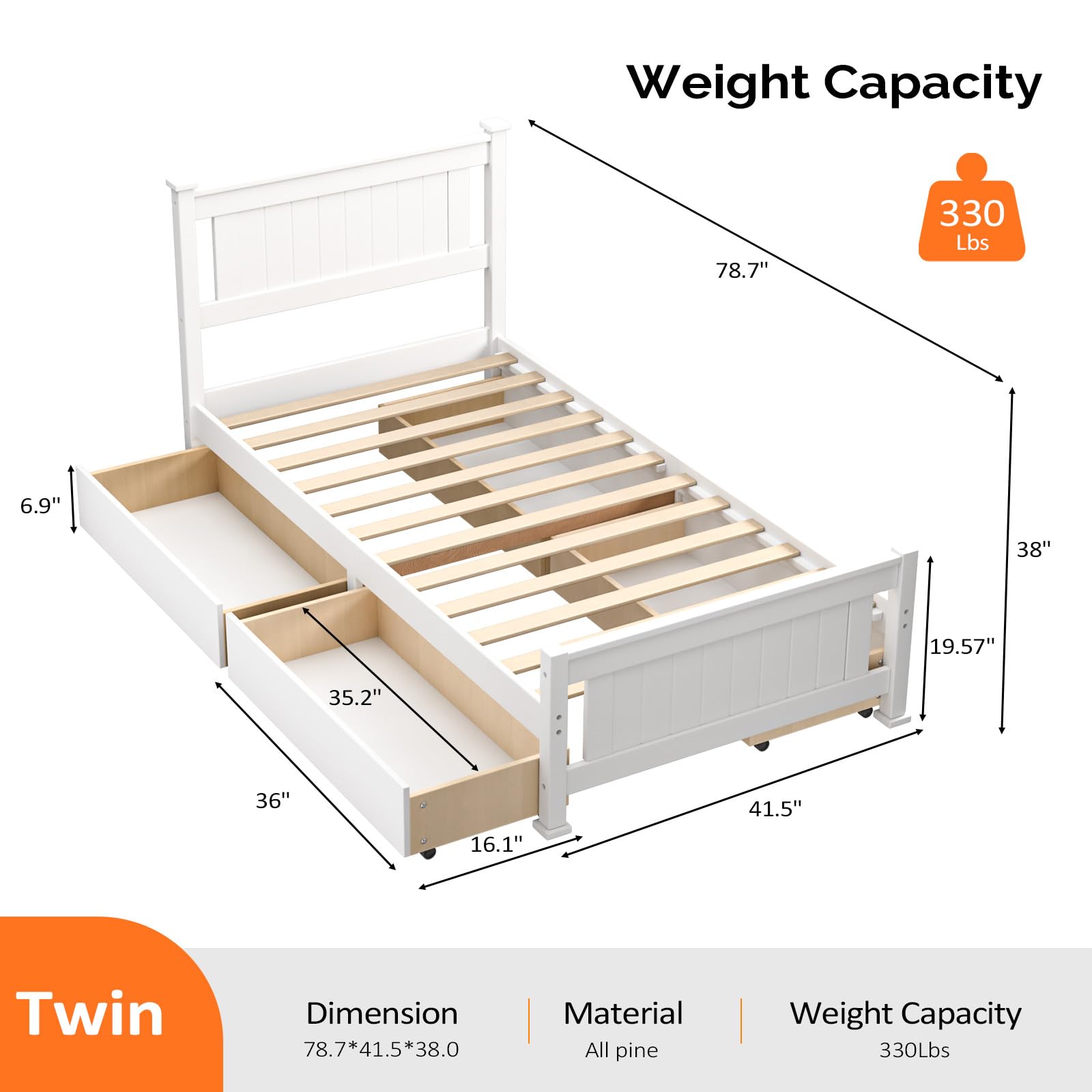 Bonnlo Twin Size Solid Wood Platform Bed Frame, Single Bed with Headboard, No Box Spring Needed Panel Bed, Wood Slat Support Mattress Foundation, White