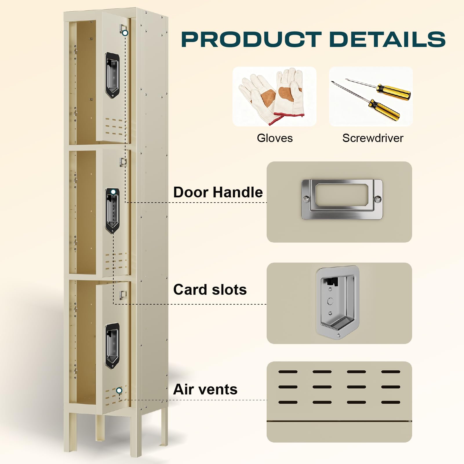 Lockers,Metal Locker, (Beige, 1 Door - (66.15" H x 11.8" W x 11.8" D))